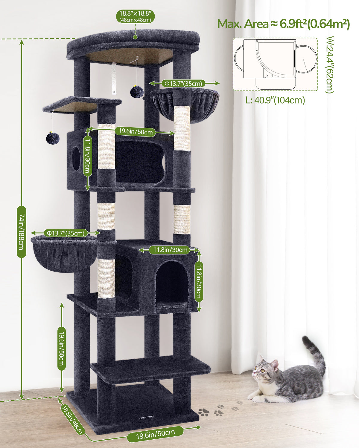 Globlazer Extra Large Cat Tree Tower for Indoor Cats, 74inch Tall Cat Tree Tower for Large Cats Adult with 5 Scratching Posts, 2 Spacious Condos, 2 Big Hanging Baskets, Enlarged Perch, S74, Dark Grey