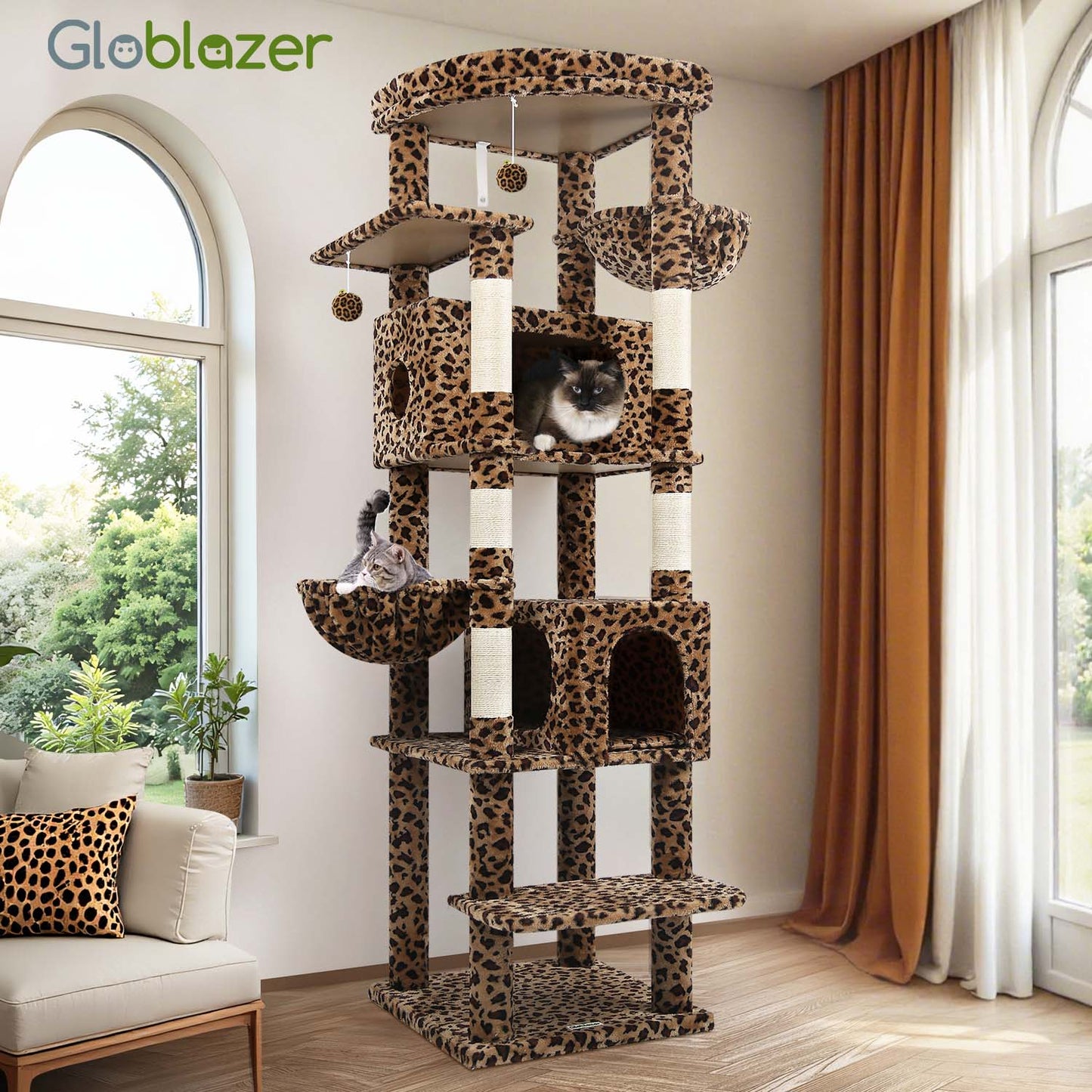 Globlazer S74 Heavy Duty Cat Tree, 74inch Sturdy Cat Tower for Large Cats Adult, Big Cat Tree with 5 Sisal Scratching Posts, 2 Padded Cat Condos, 2 Hanging Baskets, Enlarged Top Perch, Leopard Print