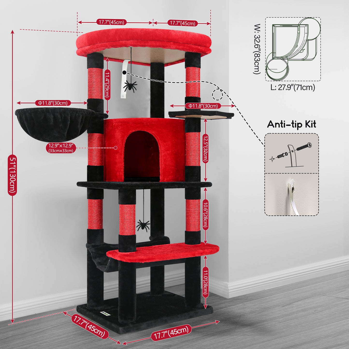 Globlazer Gothic Corner Cat Tree Tower with Scratching Post for Indoor Cats, 51inch Goth Cat Condo Tower with Large Hammock, Fan-Shaped Padded Perch, Spacious Cat Cave, Hanging Basket, C51, Red Black