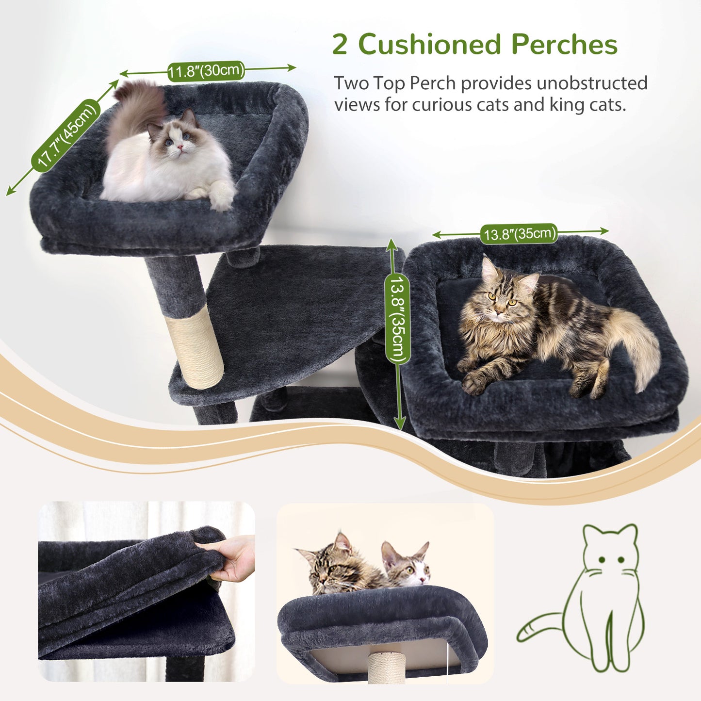 Globlazer 74In Sturdy Cat Tree for Large Cats, Heavy Duty Multi-Level Tall Cat Tree Tower for Multiple Indoor Adult Cats with Scratching Posts, 2 Cat Condos, 2 Top Perches, S74E, Dark Grey