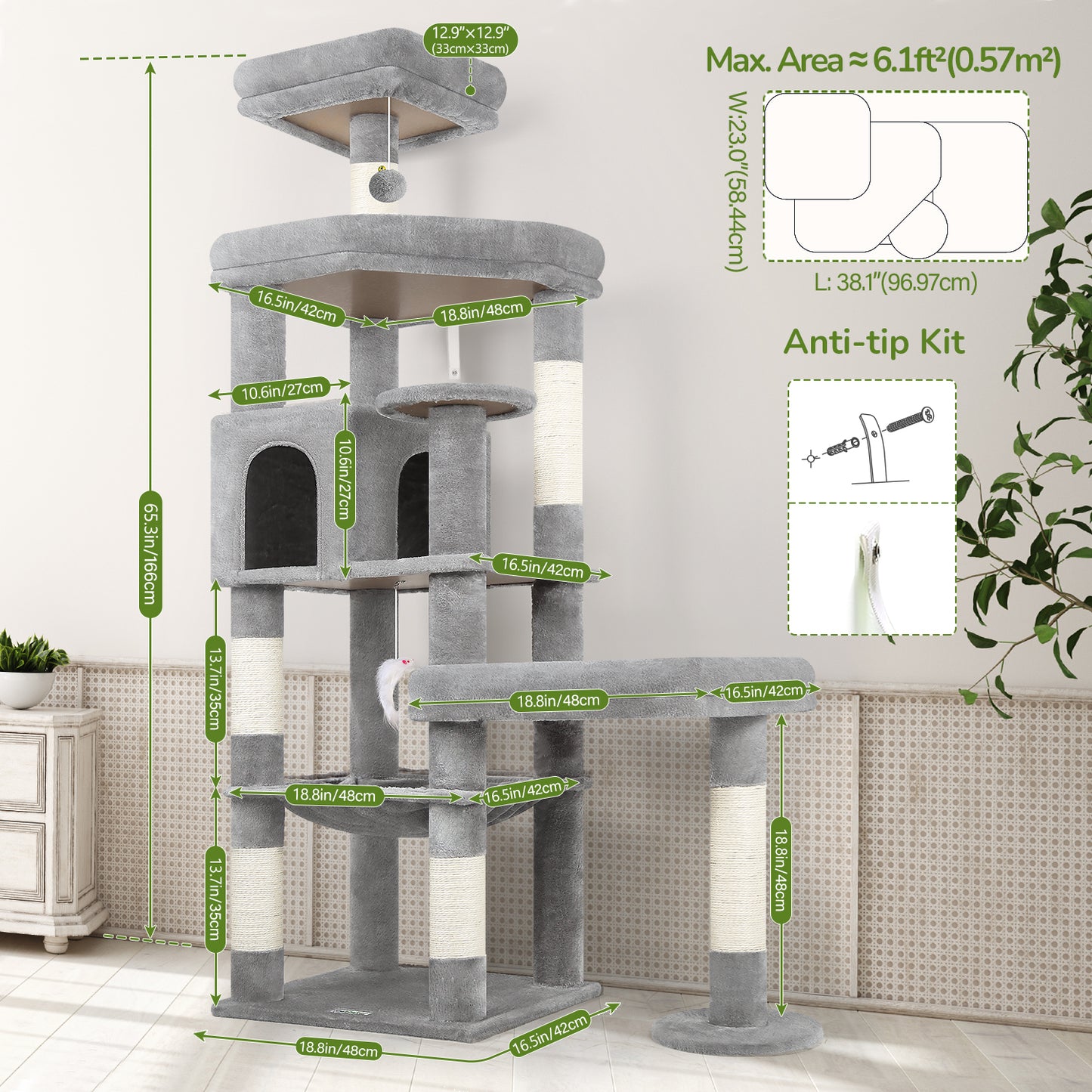 Globlazer Extra Large Platform Cat Tree, 65in Sturdy Cat Tree for Indoor Cats Large Adult, Big Cat Tower for big Cats with 3 Enlarged Perches, 6 Scratching Posts, Cat Condo, Hammock, S65, Light Grey