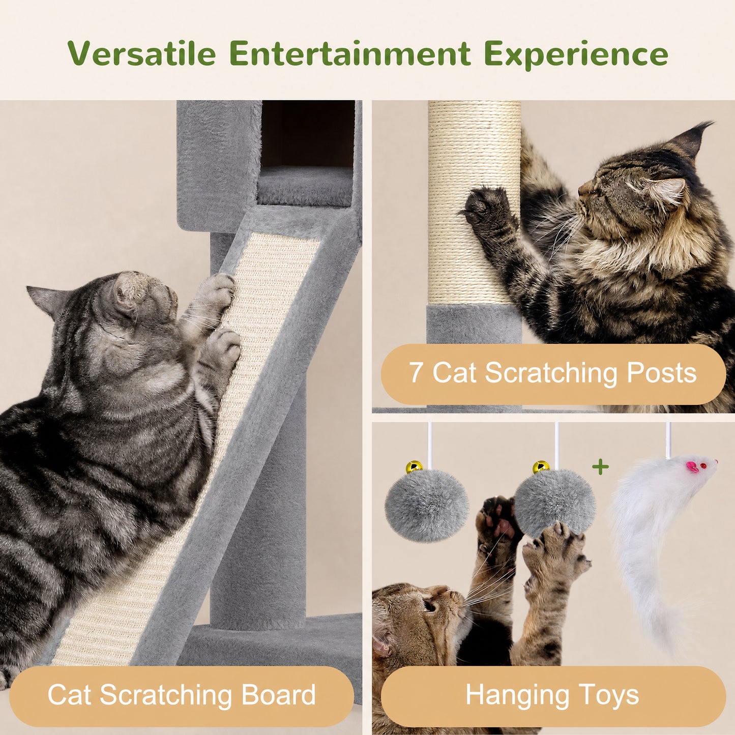 Globlazer 74in Tall Cat Tree for Indoor Cats Large Adult, Sturdy Heavy Duty Cat Tree Tower with 7 Scratching Posts for Multiple Cats, 2 Spacious Condos, 2 Hanging Baskets, S74G, Light Grey