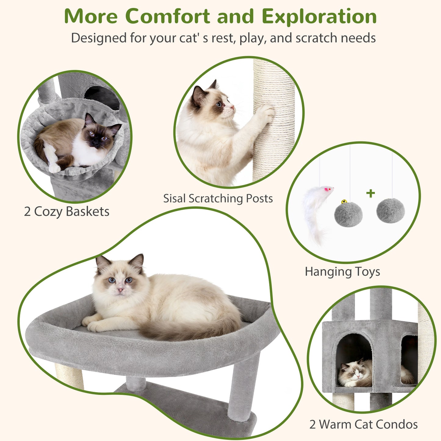 Globlazer Corner Cat Tree for Large Indoor Cats, 64in Space Saving Cat Tower with Enlarged Top Perch, 4 Scratching Posts, Multi-Level Cat Tree Tower with 2 Condos, 2 Hammocks, C64, Light Grey