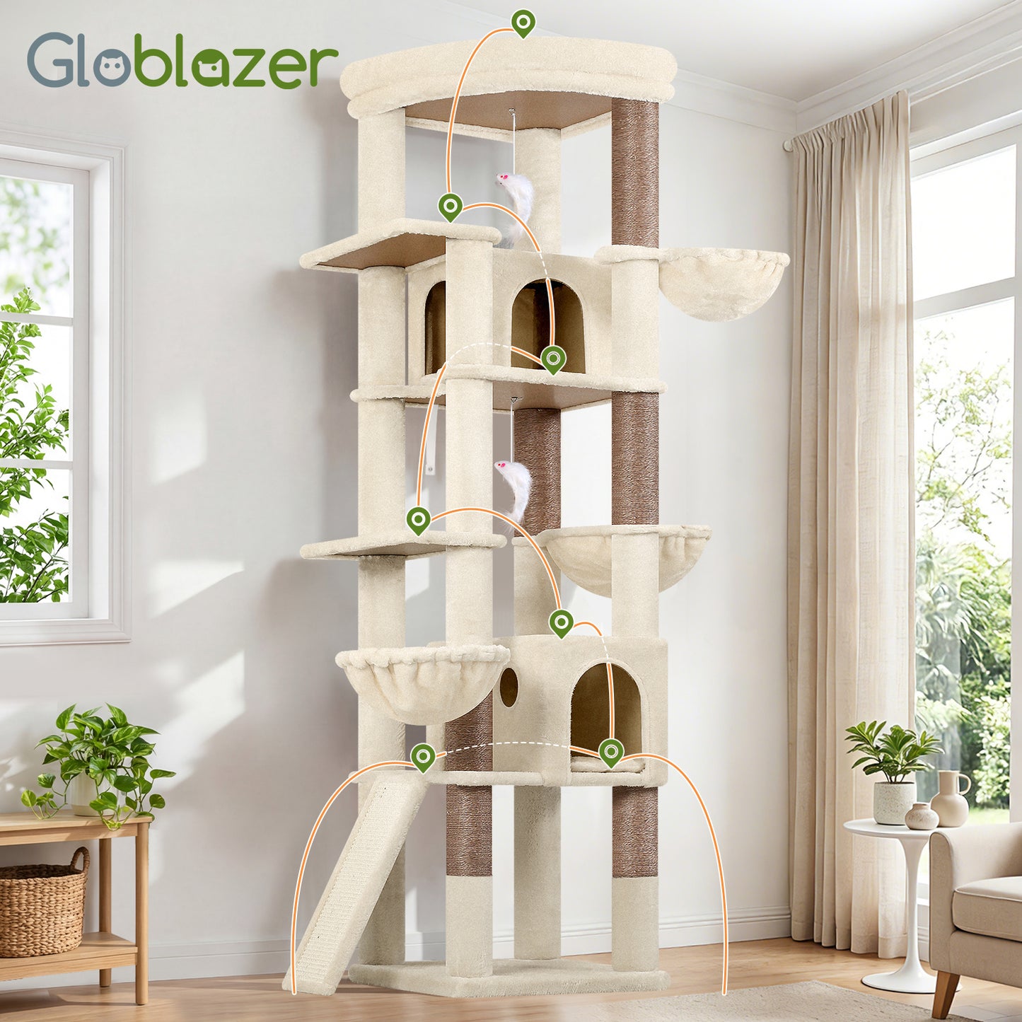 Globlazer Extra Large Cat Tree, 78 inch Sturdy Tall Cat Tree Tower for Indoor Multiple Large Adult Cats Kittens with 6 Scratching Posts, Enlarged Top Perch, 2 Padded Condos, S78G, Beige