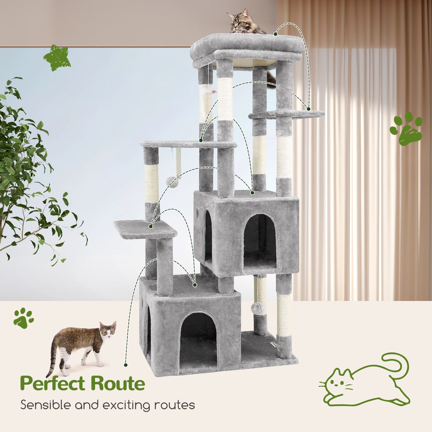 Globlazer Cat Tower for Indoor Cats, 61inch Heavy Duty Cat Trees for Large Cats Adult Big Cats Maine Coon Cat Tree Tower with Scratching Post, Extra Large Top Perch, Cat Condos, F61, Light Grey