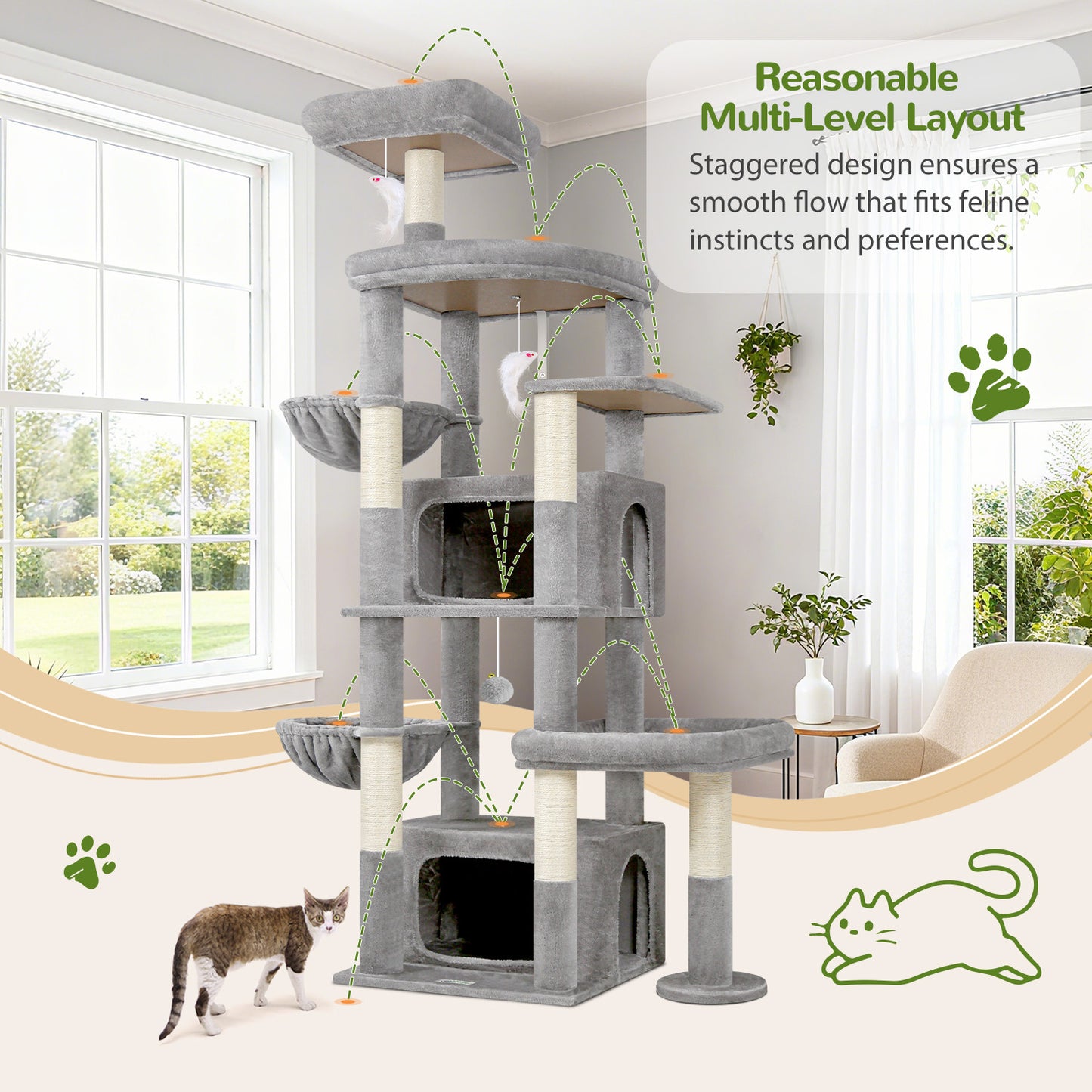Globlazer 75in Sturdy Cat Tree for Large Cats, Heavy Duty Multi-Level Cat Tower for Indoor Cats with Extended Platform, 2 Spacious Condos, 2 Padded Perches, 6 Sisal Scratching Posts, S75, Light Grey