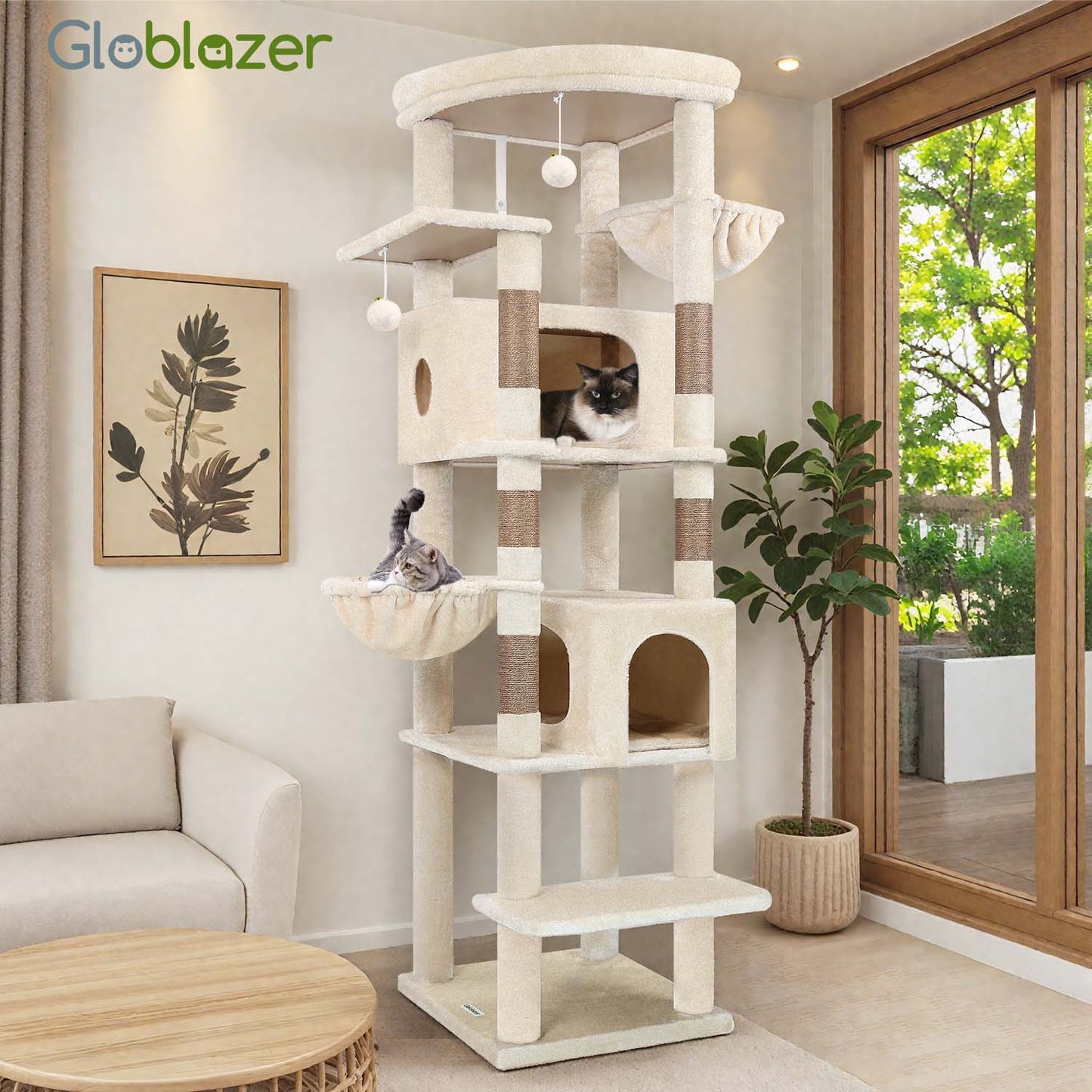 Globlazer Extra Large Cat Tree Tower for Indoor Cats, 74inch Tall Cat Tree Tower for Large Cats Adult with 5 Scratching Posts, 2 Spacious Condos, 2 Big Hanging Baskets, Enlarged Perch, S74, Beige