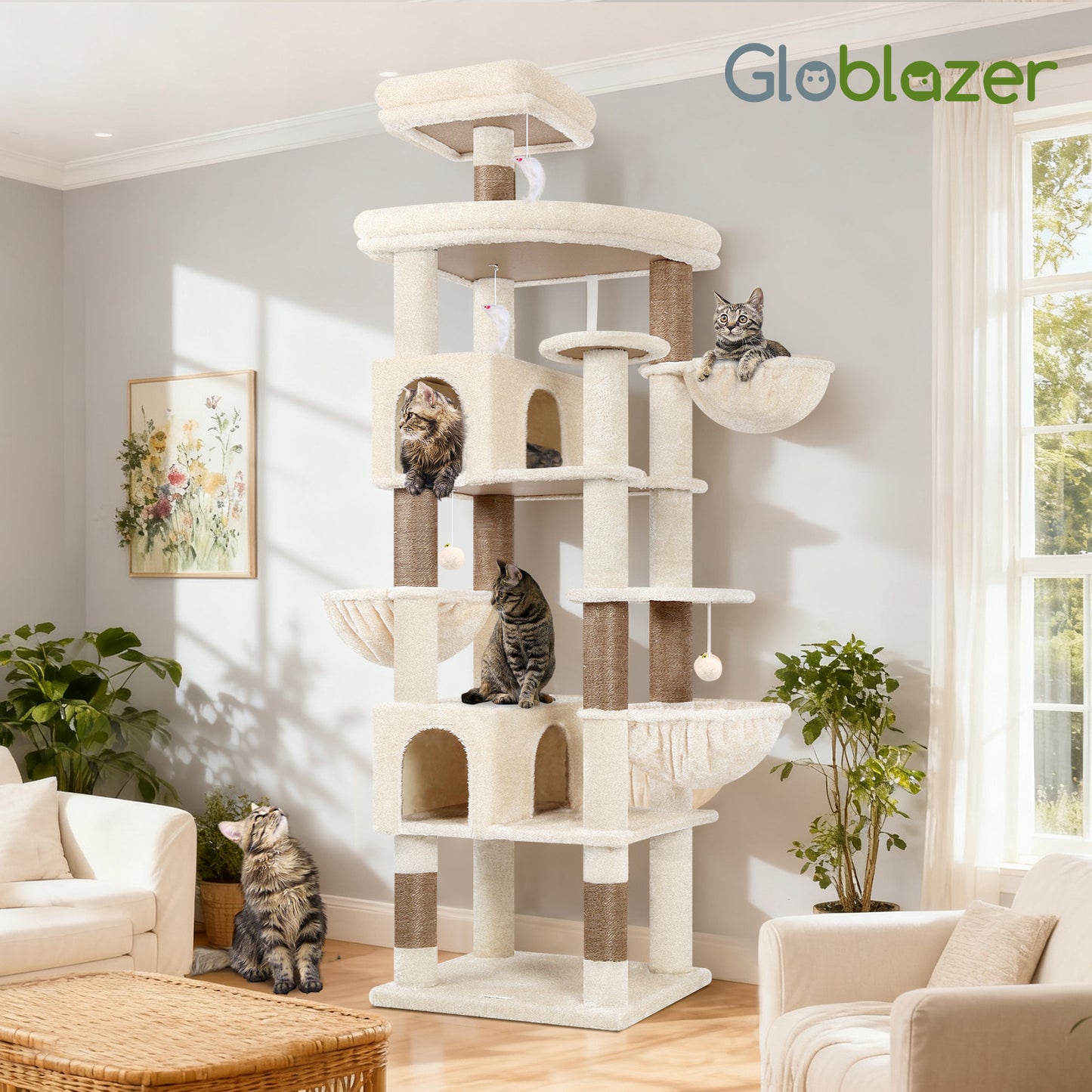 Globlazer Extra Large Cat Tree Tower, 82in Tall Heavy Duty Cat Tree for Indoor Cats Large Adult Big Cat Tower with 8 Scratching Posts, 2 Cat Condos, 2 Top Perches, 3 Hanging Baskets, S82, Beige