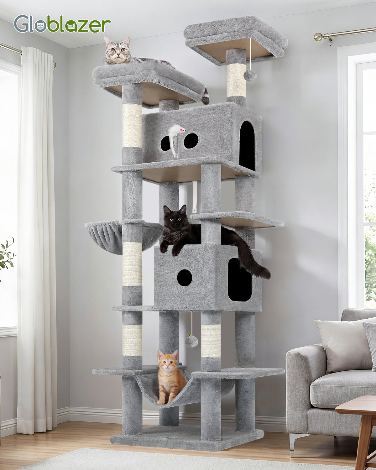 Globlazer Heavy Duty Cat Tree Tower 80in Tall Extra Large Cat Tree Tower for Multiple Indoor Cats Large Adult with  Scratching Posts, 2 Spacious Condos, Padded Perches, Soft Hammock, S80B, Light Grey