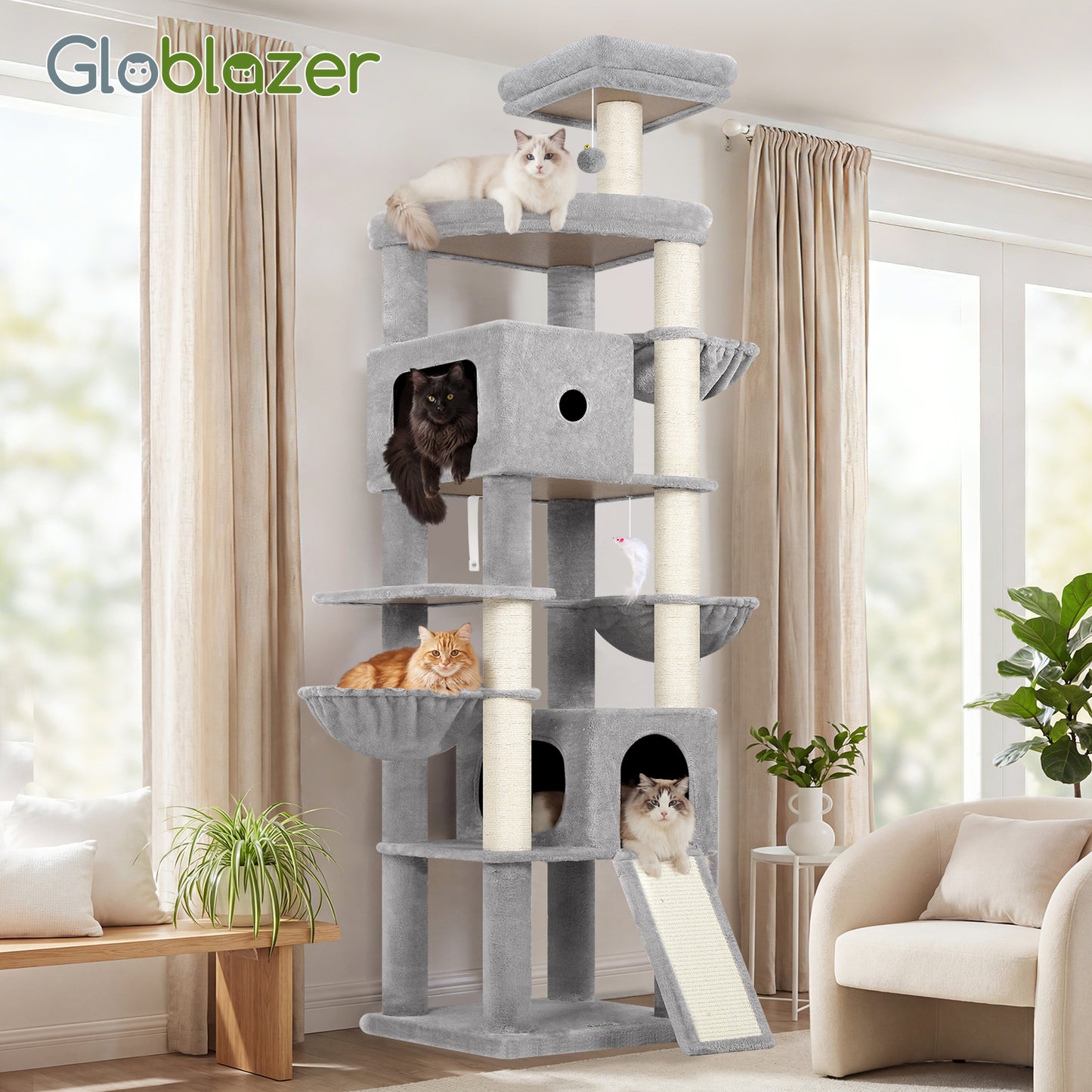 Globlazer Giant Cat Tree, 83 Inch Heavy Duty Tall Cat Tower with 7 Scratching Posts, Multi-Level Large Cat Condo for Indoor Cats Large Adult , 2 Perchs, 3 sturdy Baskets, Cat Toys, F83C, Light Grey