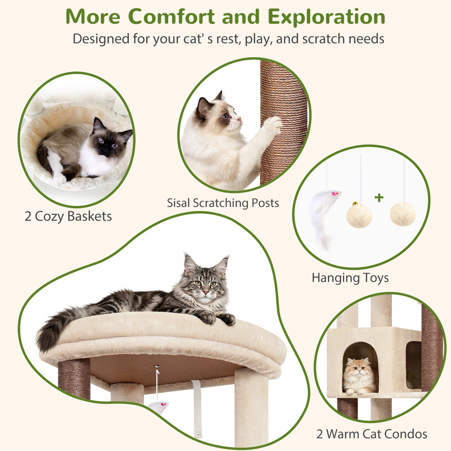 Globlazer Corner Cat Tree for Large Indoor Cats, 64in Space Saving Cat Tower with Enlarged Top Perch, 4 Scratching Posts, Multi-Level Cat Tree Tower with 2 Condos, 2 Hammocks, C64, Beige