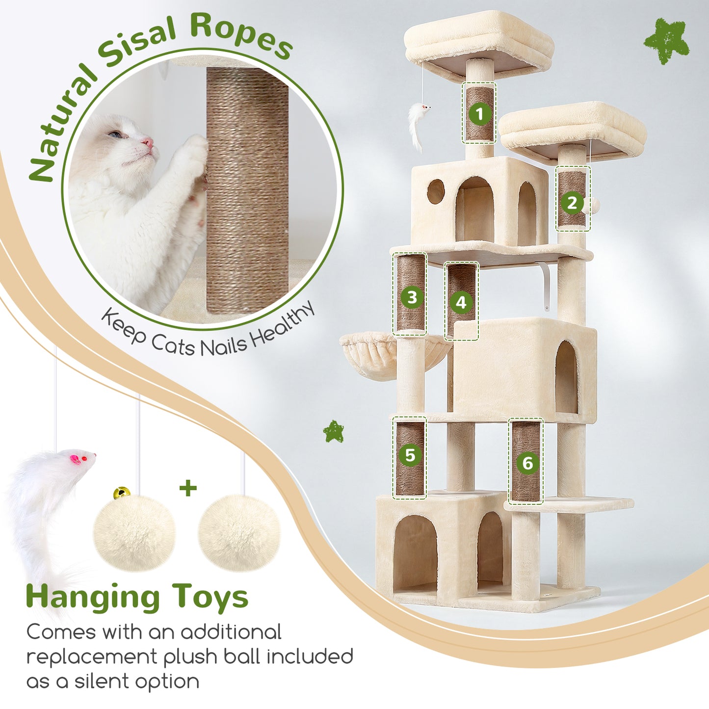 Globlazer Cat Tree Tall, 71 inches Cat Tower for Indoor Adult Cats Multi-Level 3 Condos for Indoor Cats XL Cat Tree Tower with Scratching Posts, Soft Extra Large Hanging Basket, F71, Beige