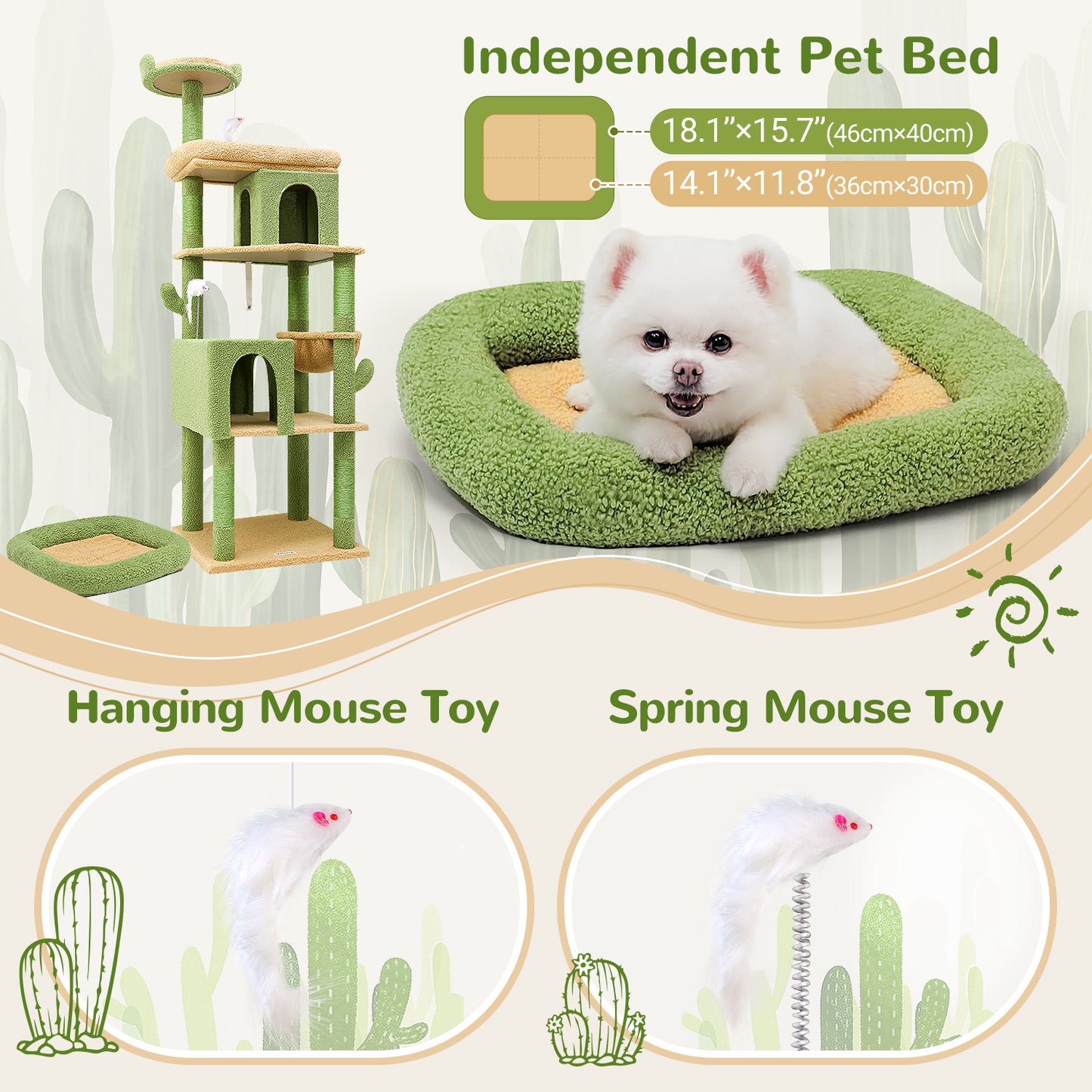 Globlazer Heavy Duty Cactus Cat Trees for Large Cats, Sturdy 72in Maine Coon Cat Tree for Large Cats 20 lbs+ Heavy Duty Cat Tower for Adult Biggest Cat with 6 Scratching Posts, Hammock, S72, Green