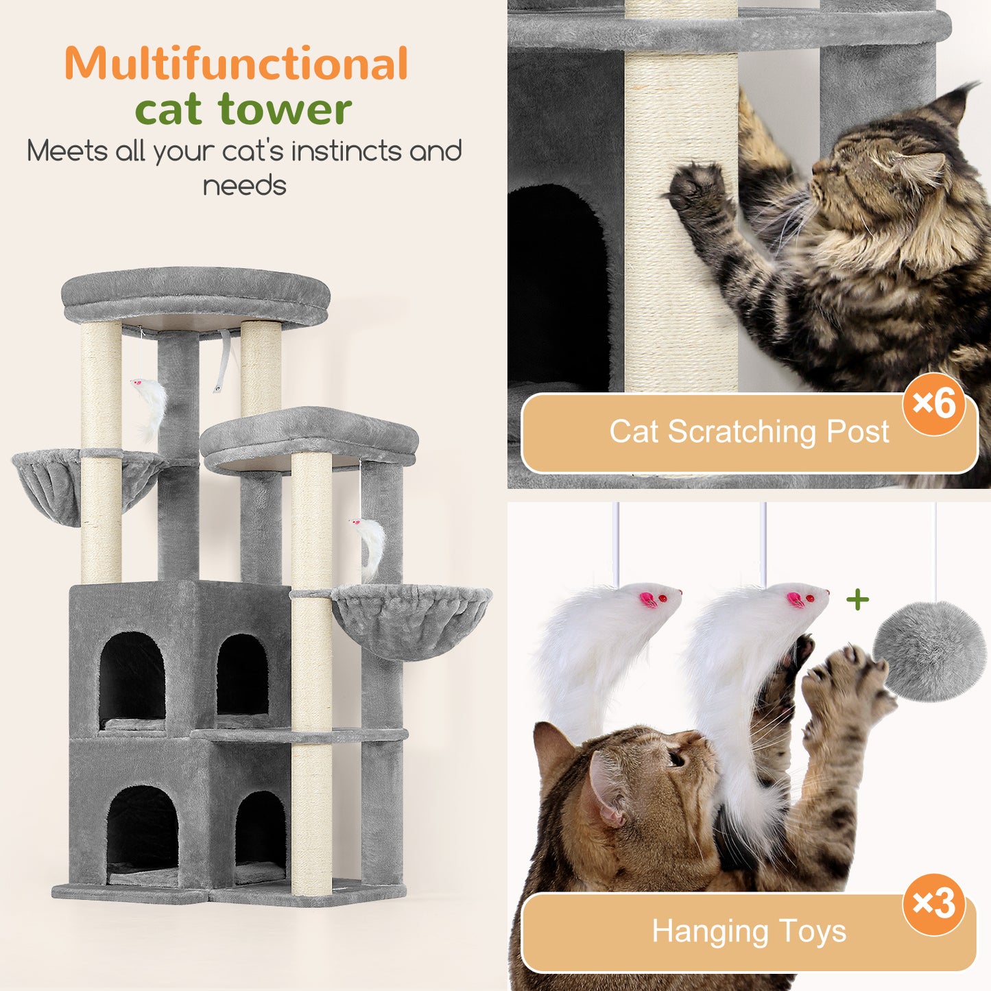 Globlazer Cat Tree Tower for Indoor Cats, 63 inch Sturdy Adult Cat Tree House for Large Adult Cats with 2 Platform, 6 Cat Scratching Post, 2 Cat Caves, Dangling Toys, S63, Light Grey