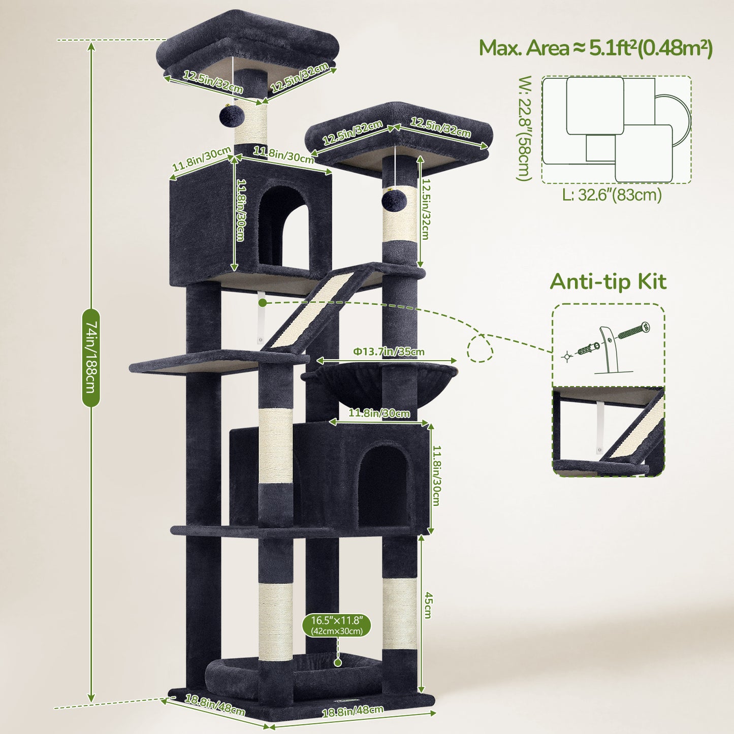 Globlazer 74in Heavy Duty Cat Tree for Large Indoor Cats, Multi-Level Cat Tower with 5 Sisal Scratching Posts, 2 Cozy Condos, Hammock, Top Perches, Climbing Ramp and Pet Bed, F74D, Dark Grey