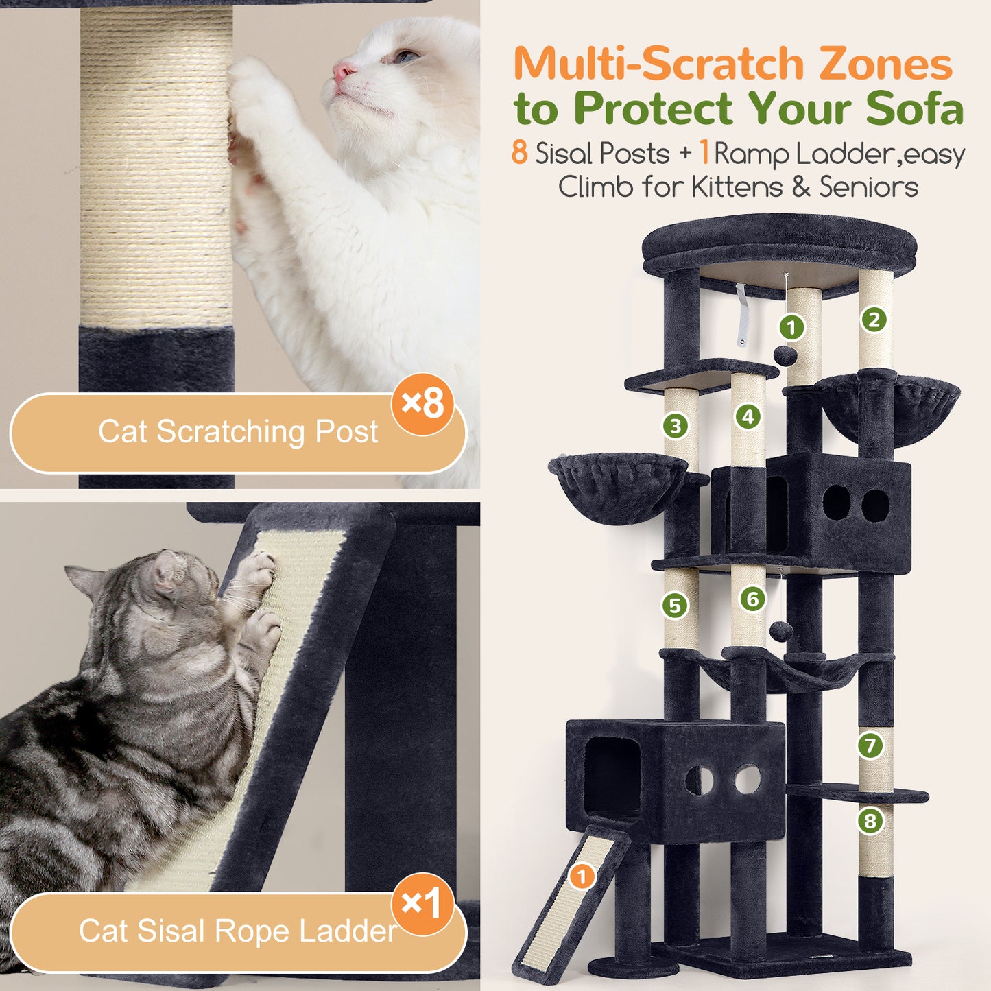Globlazer Cat Tower for Large Cats, 81 inch Cat Tree for Indoor Cats Large Adult, Tall Cat Tower with 2 Condos, 2 Baskets, Hammock, Large Perch, 8 Sisal Posts, Scratching Board, S81G, Dark Grey