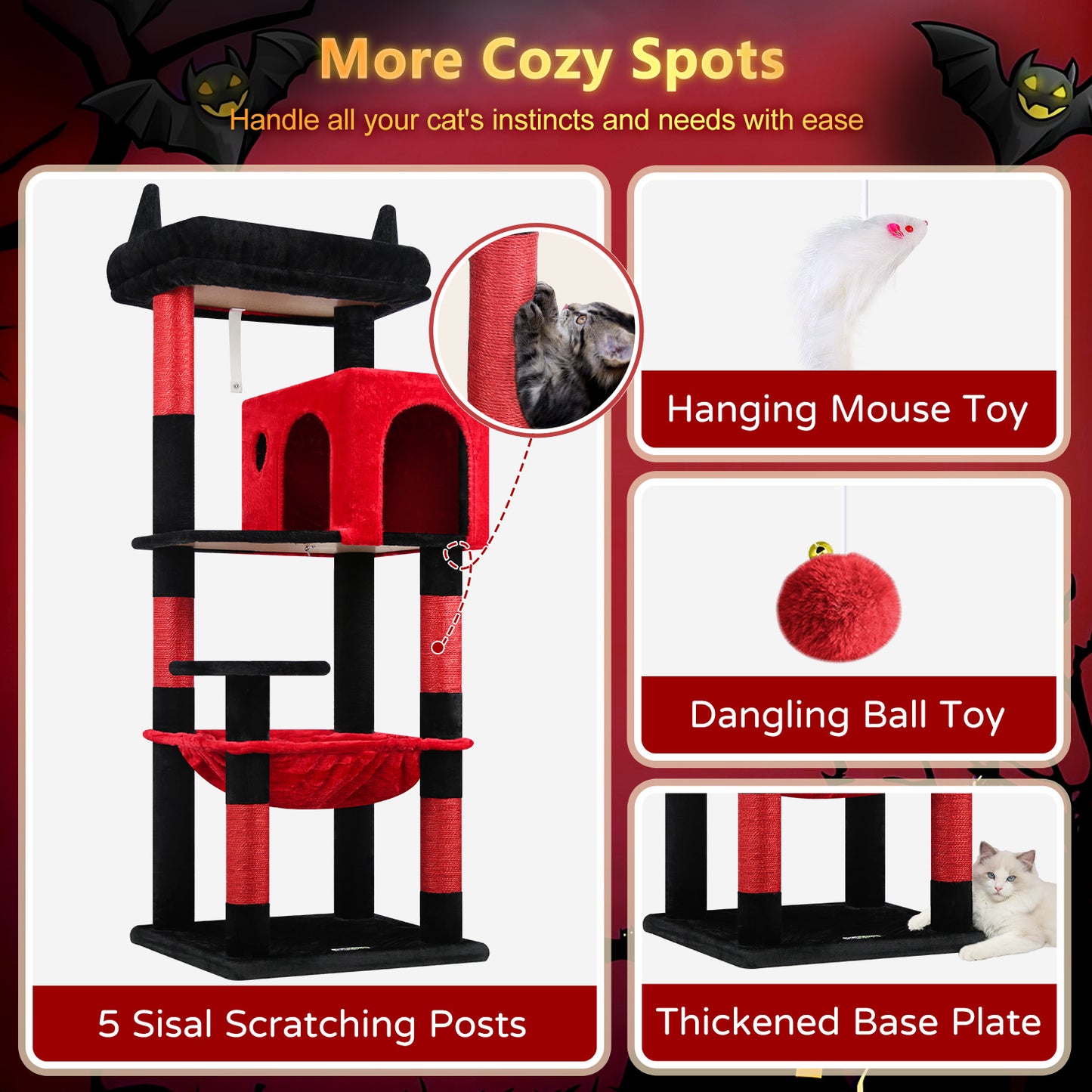 Globlazer Gothic Cat Tree Tower with 5 Scratching Post for Indoor Cats, 53in Plush Multi-Level Cat Climbing Tower Condo House with Large Hammock, Spacious Cat Cave, Padded Top Perch, F53, Black Red