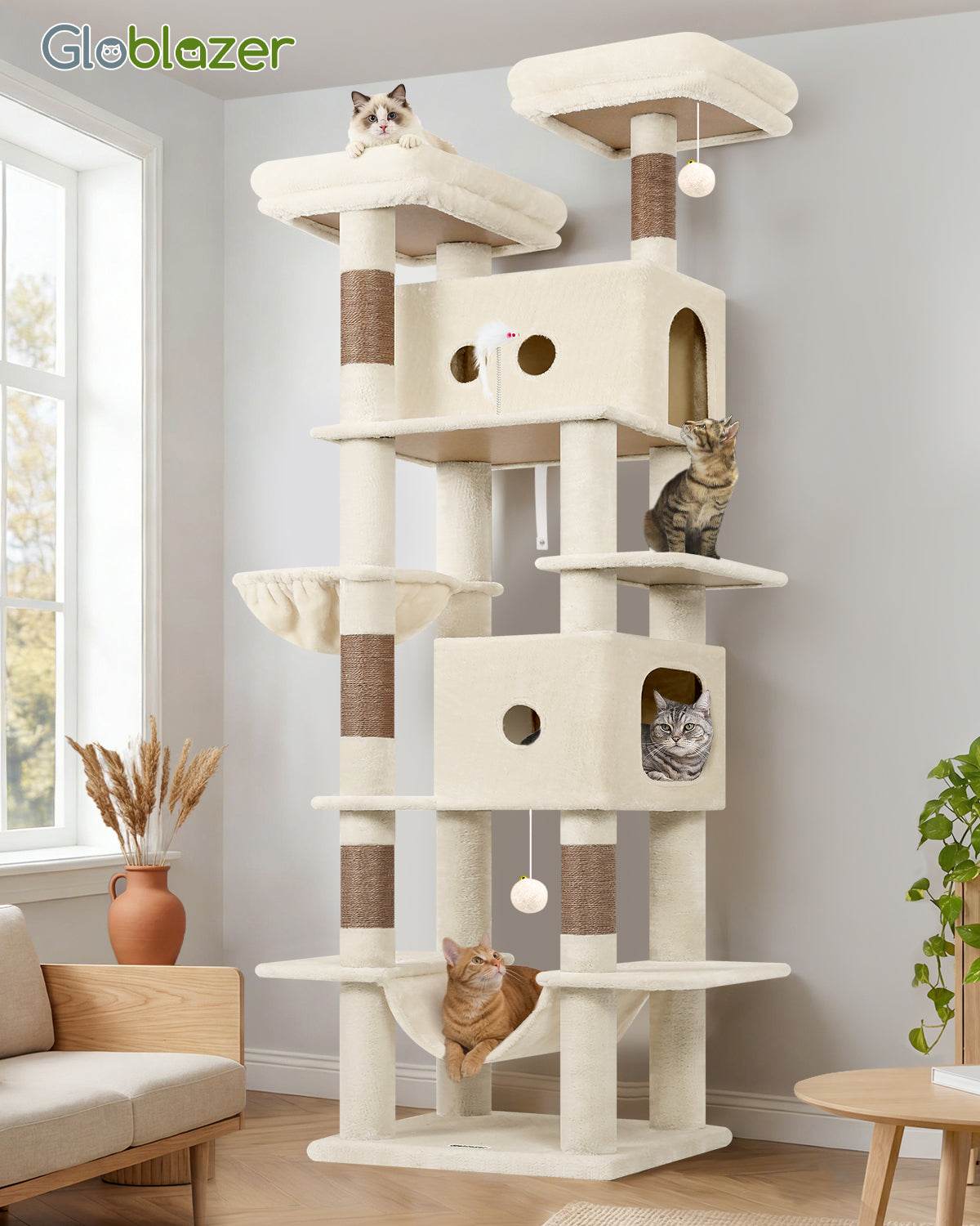 Globlazer Heavy Duty Cat Tree Tower 80in Tall Extra Large Cat Tree Tower for Multiple Indoor Cats Large Adult with Scratching Posts, 2 Spacious Condos, Padded Perches, Soft Hammock, S80B, Beige