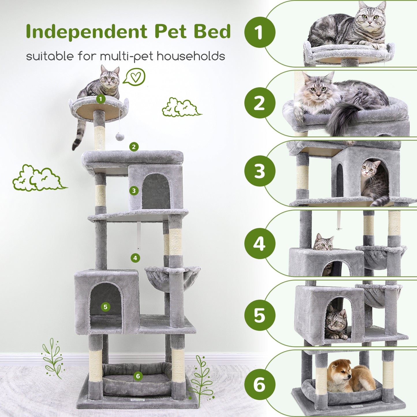 Globlazer Heavy Duty Cat Trees for Large Cats, Sturdy 72in Maine Coon Cat Tree for Large Cats 20 lbs+ Heavy Duty Cat Tower for Adult Biggest Cat with 6 Scratching Posts, Hammock, S72, Light Gray