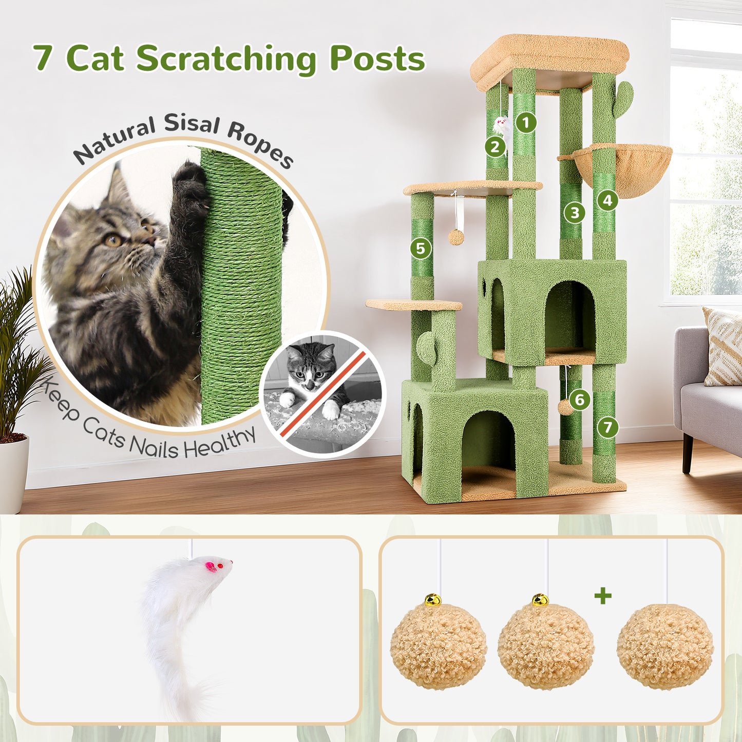 Globlazer Cactus Cat Tower for Indoor Cats, Heavy Duty Cat Trees for Large Cats Adult Big Cats Maine Coon Cat Tree Tower with Scratching Post, Extra Large Top Perch, Cat Condos, F61, Green, 61inch