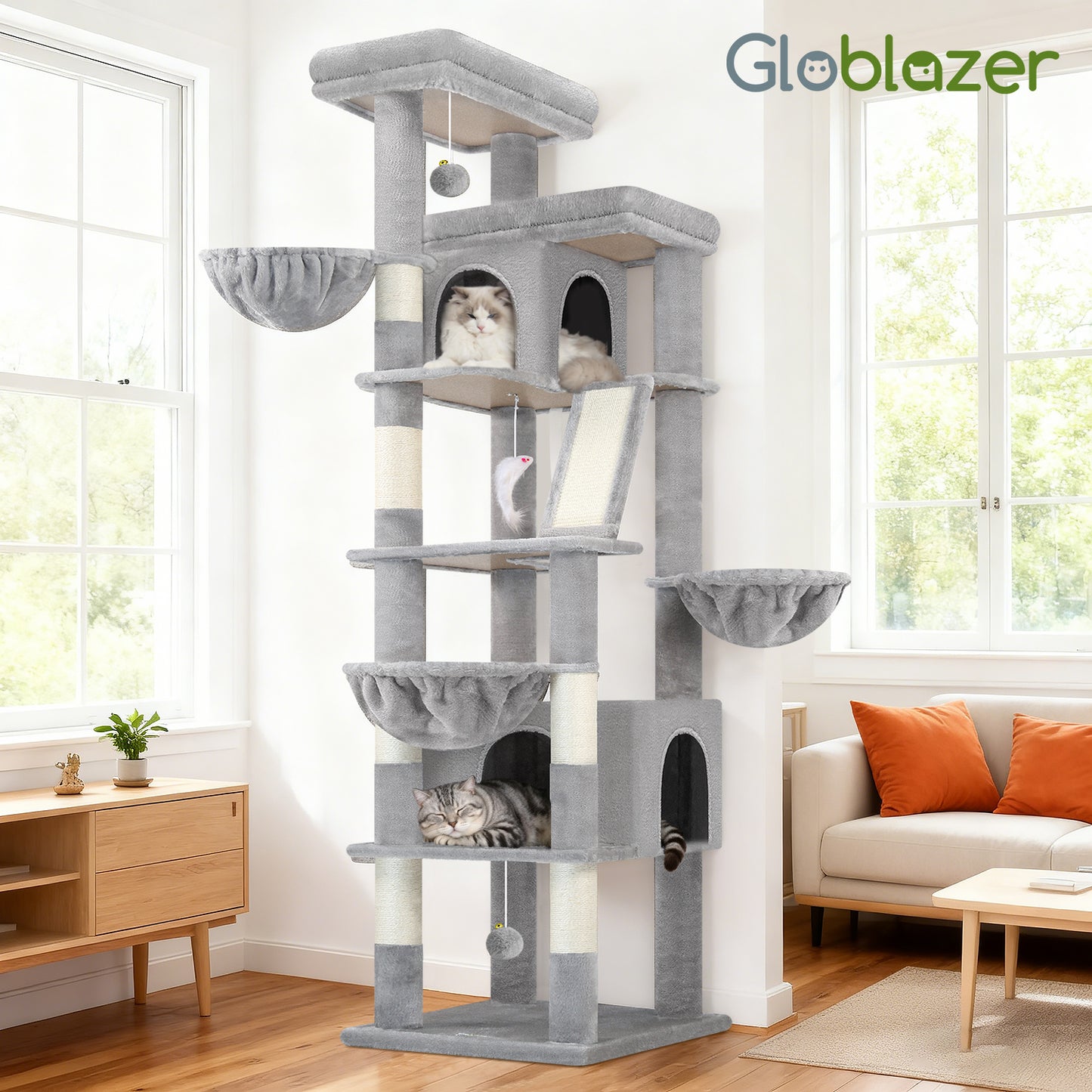 Globlazer Large Cat Tree Tower, 80inch XXL Tall Cat Tree for Multiple Indoor Cats Large Adult Kittens with Scratching Posts and Board, 3 Soft Baskets, 2 Plush Perches, 2 Cozy Condos, S80G, Light Grey