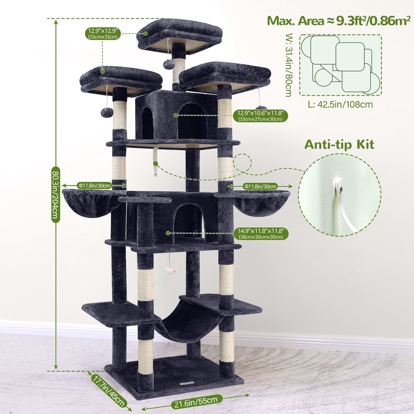Globlazer Big Cat Tower for Indoor Cats, 80inch Cat Tower for Multiple Adult Cats XXL Cat Tree with 9 Scratching Posts, Hammock, 3 Perches, 2 Condos, 2 Hanging Basket, F80, Dark Grey