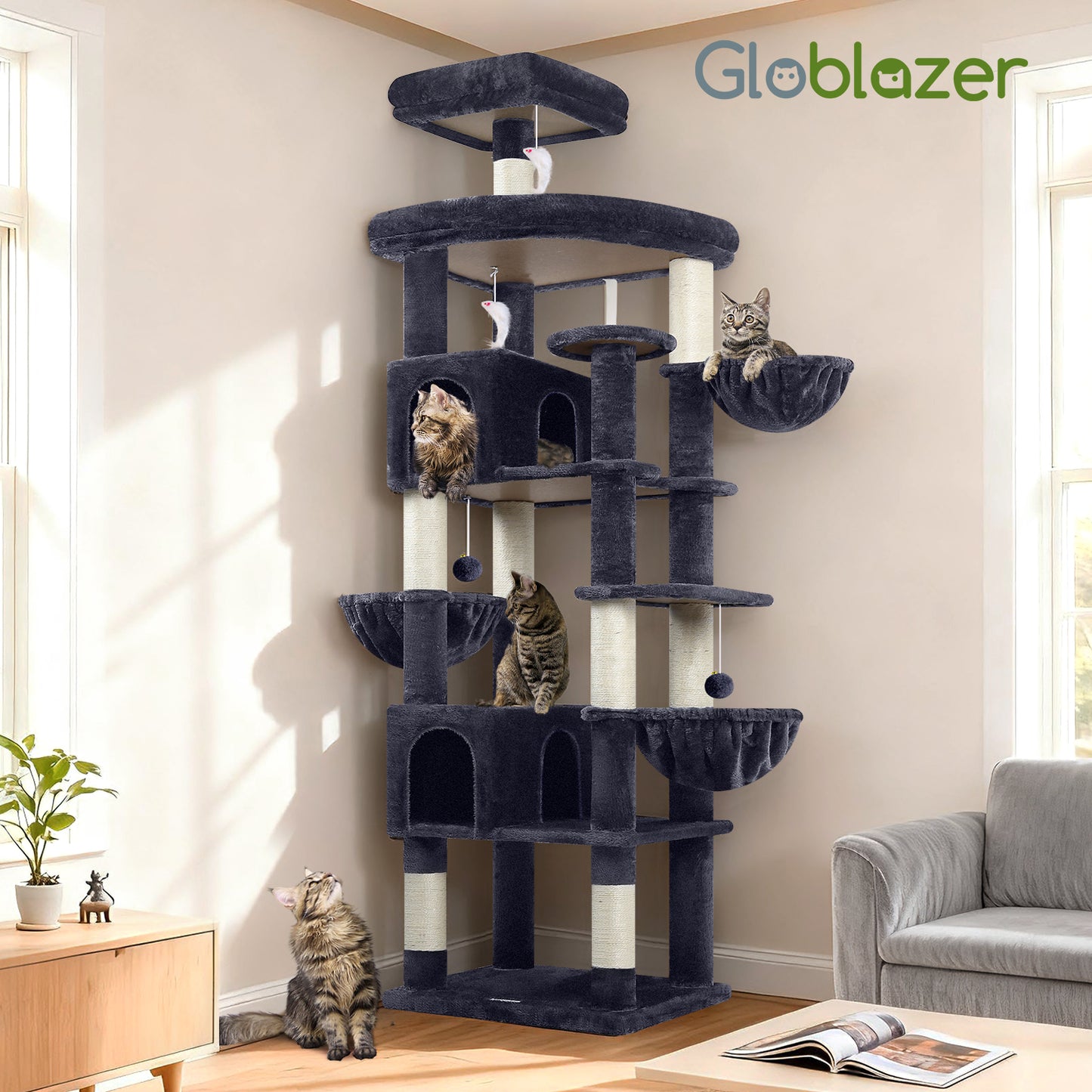 Globlazer Extra Large Cat Tree Tower, 82in Tall Heavy Duty Cat Tree for Indoor Cats Large Adult Big Cat Tower with 8 Scratching Posts, 2 Cat Condos, 2 Padded Perches, 3 Hanging Baskets, S82, Dark Gray