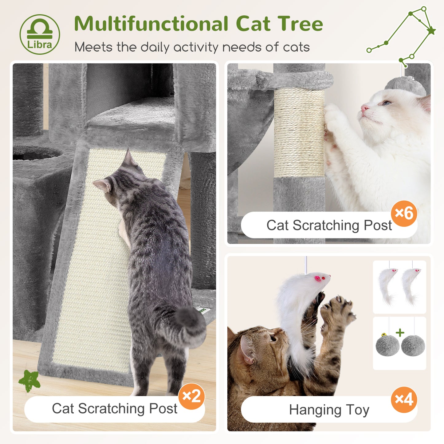 Globlazer Heavy Duty Cat Tree 78 inch Sturdy Cat Tower for 20lbs Large Adult Cats, Symmetrical Aesthetic Big Cat Tree with Extra Large Platform, 2 Scratching Boards, Z78, Light Grey