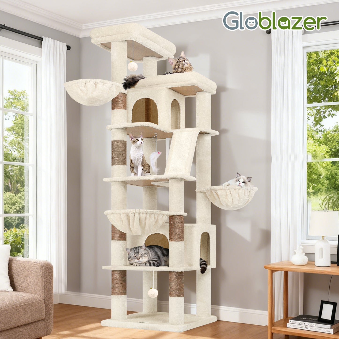 Globlazer Large Cat Tree Tower, 80inch XXL Tall Cat Tree for Multiple Indoor Cats Large Adult Kittens with Scratching Posts and Board, 3 Soft Baskets, 2 Plush Perches, 2 Cozy Condos, S80G, Beige