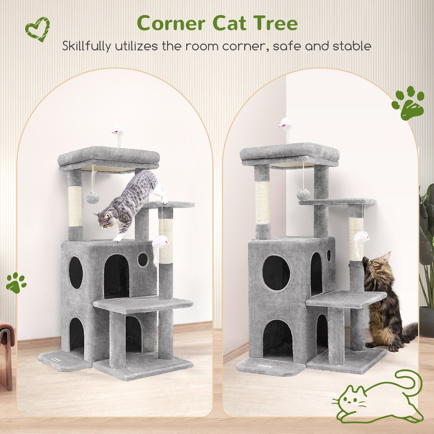 Globlazer Cat Tree Tower for Indoor Cats, 50-inch Adult Cat Tree House for Large Adult Cats with Step, 2 Scratching Posts, 2 Cat Caves, Dangling Toys, FC50, Light Grey