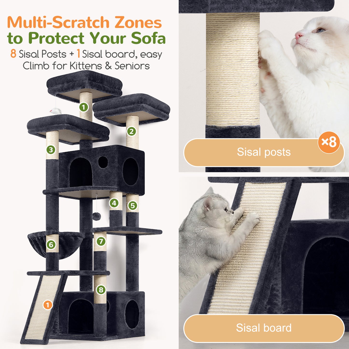 Globlazer Heavy Duty Cat Tree, 73inch Sturdy Cat Tower with Scratching Post for Indoor multiple Cats, Maine Coon Cat Tree with 3 Cat Perch, Basket, 2 Cat Condo for Adult Cats Kittens, F73C, Dark Grey