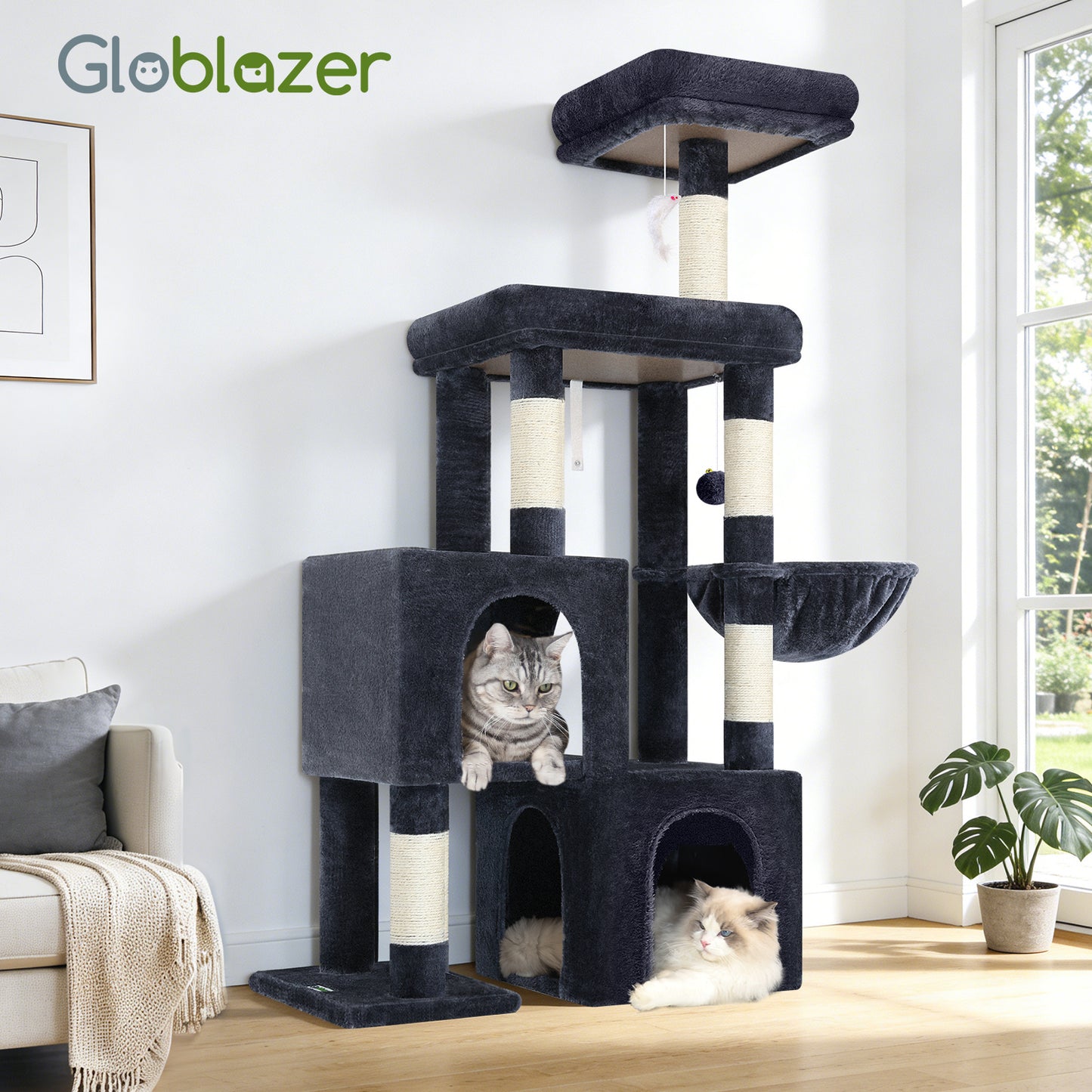 Globlazer Cat Tree Condo Tower for Multiple Indoor Cats, 52in Multi-Level Cat Scratching Tree with 2 Cat Condos, 5 Sisal Scratching Posts, 2 Padded Perches, Big Basket, Widened Base, S52, Dark Grey