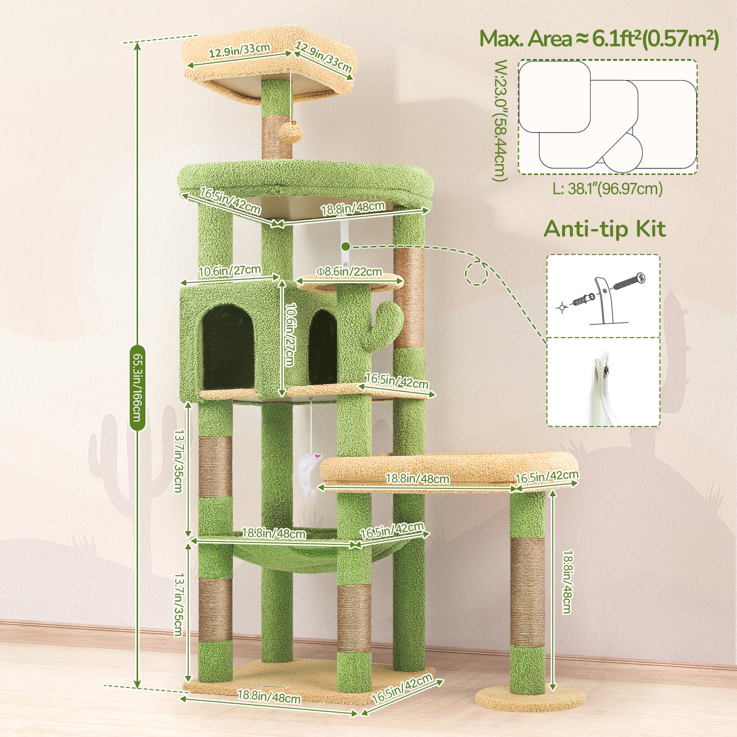 Globlazer Extra Large Platform Cactus Cat Tree, 65in Sturdy Cat Tree for Multiple Indoor Cats Large Adult, Big Cat Tower with 3 Padded Perches, 6 Scratching Posts, Spacious Condo, Hammock, S65, Green