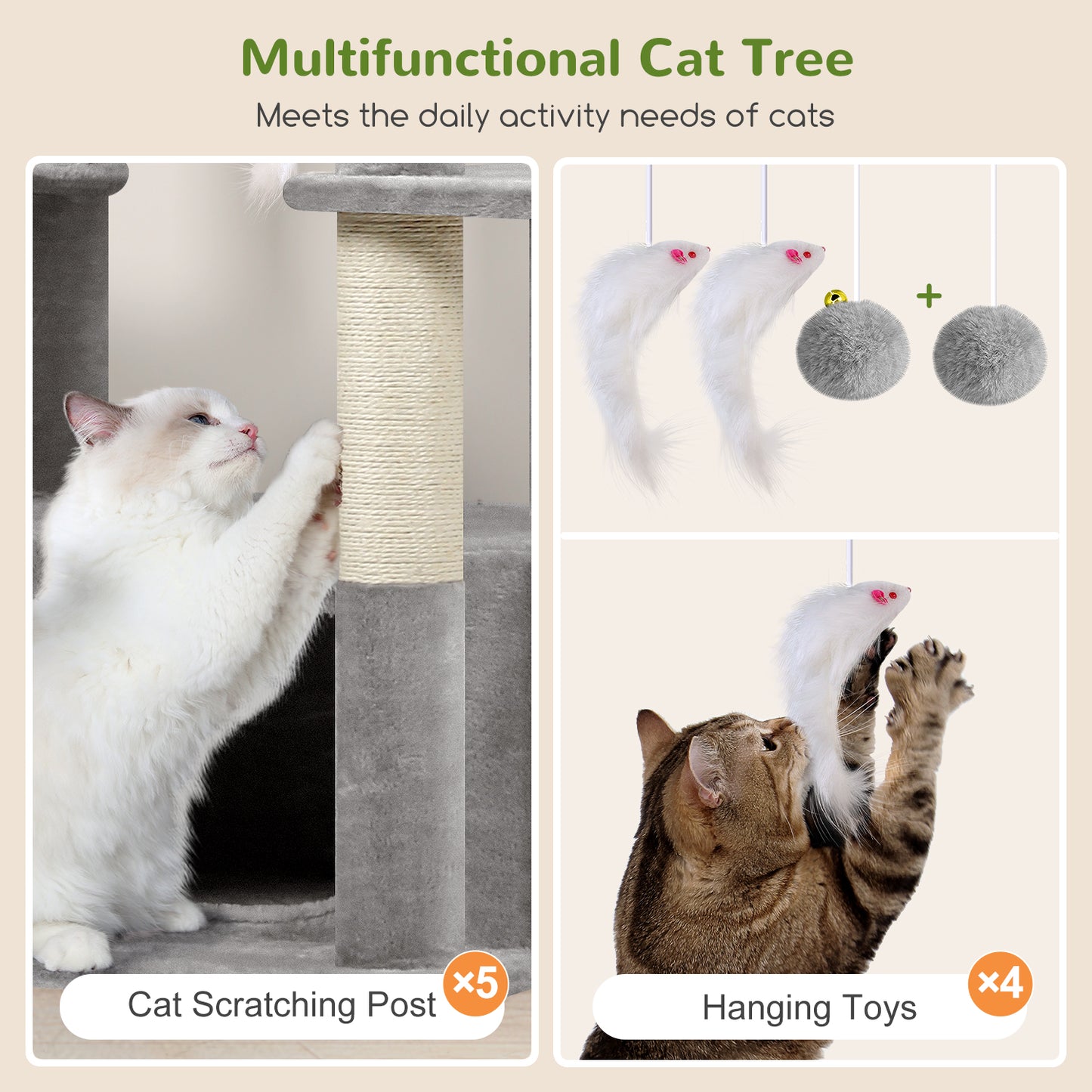 Globlazer Large Cat Tree 80 inch Multi-Level Tall Climbing Tower Kitty Condos Cat Scratching Tower for Indoor Multiple Adult Cats with Large Platform, 3 Cat Caves, 3 Hanging Baskets, F80F, Light Grey