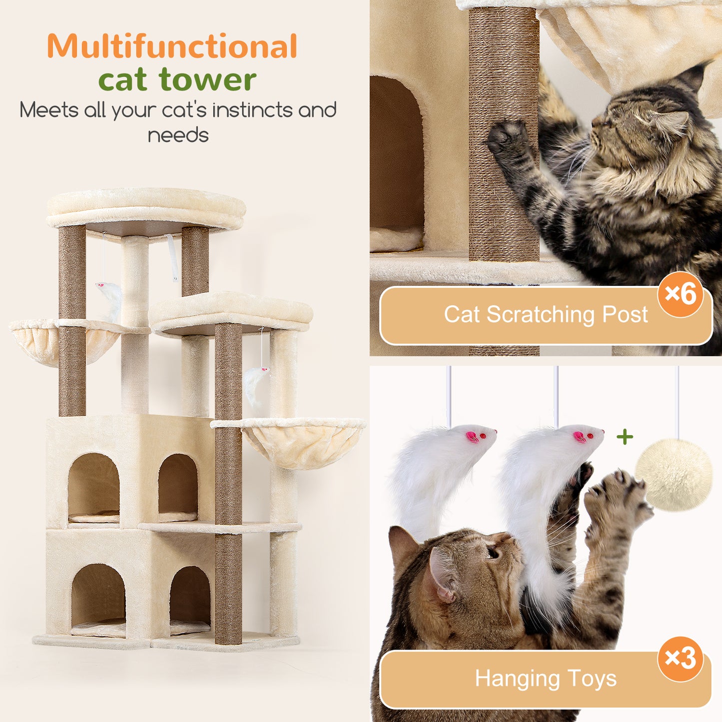 Globlazer Cat Tree Tower for Indoor Cats, 63 inch Sturdy Adult Cat Tree House for Large Adult Cats with 2 Platform, 6 Cat Scratching Post, 2 Cat Caves, Dangling Toys, S63, Beige