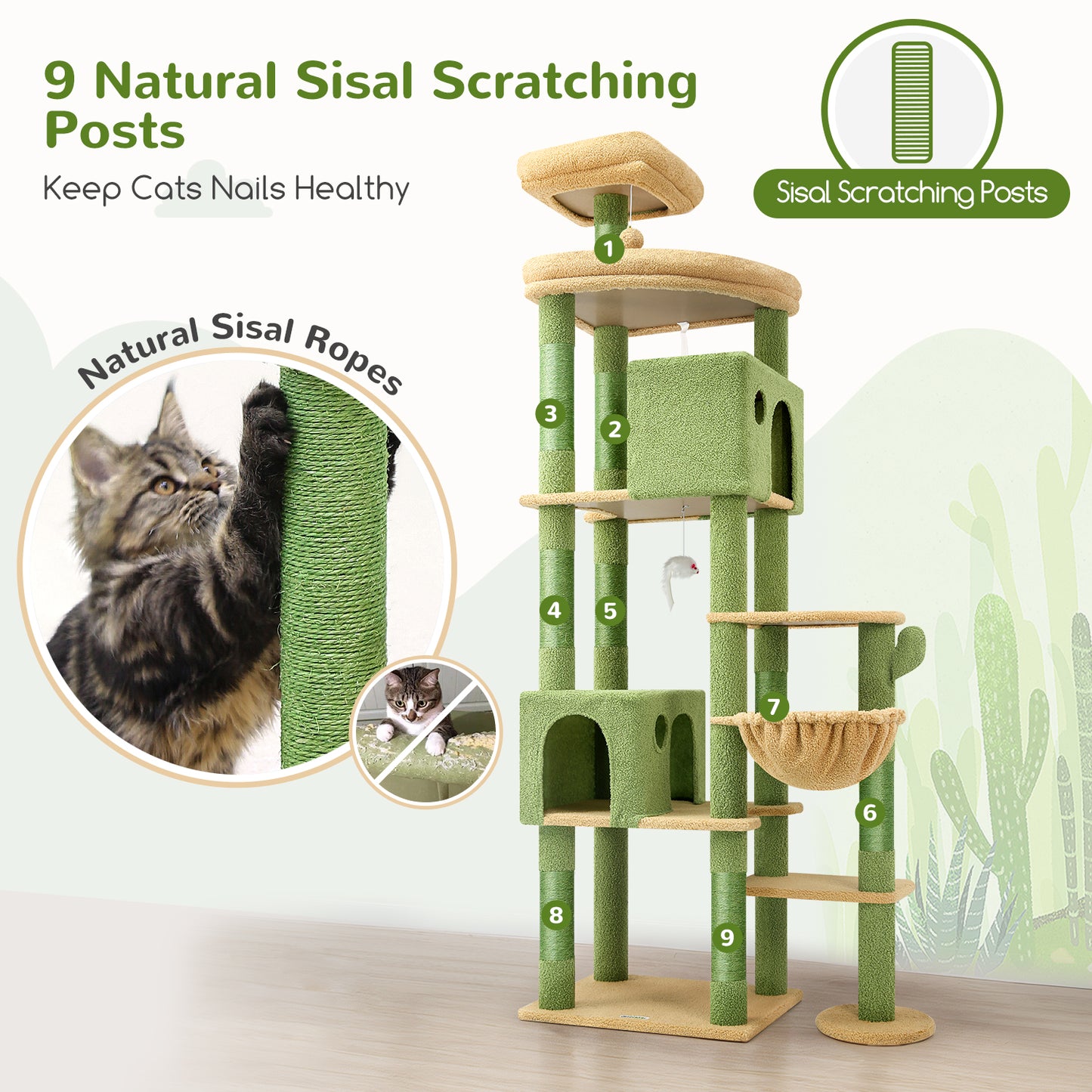 Globlazer Giant Cactus Cat Tree, 83 inch Cat Tree for Indoor Cats Large Big Adult, XXL Cactus Cat Tower with 9 Scratching Posts for 20lb+ Heavy Duty Large Adult Cats, F83, Green
