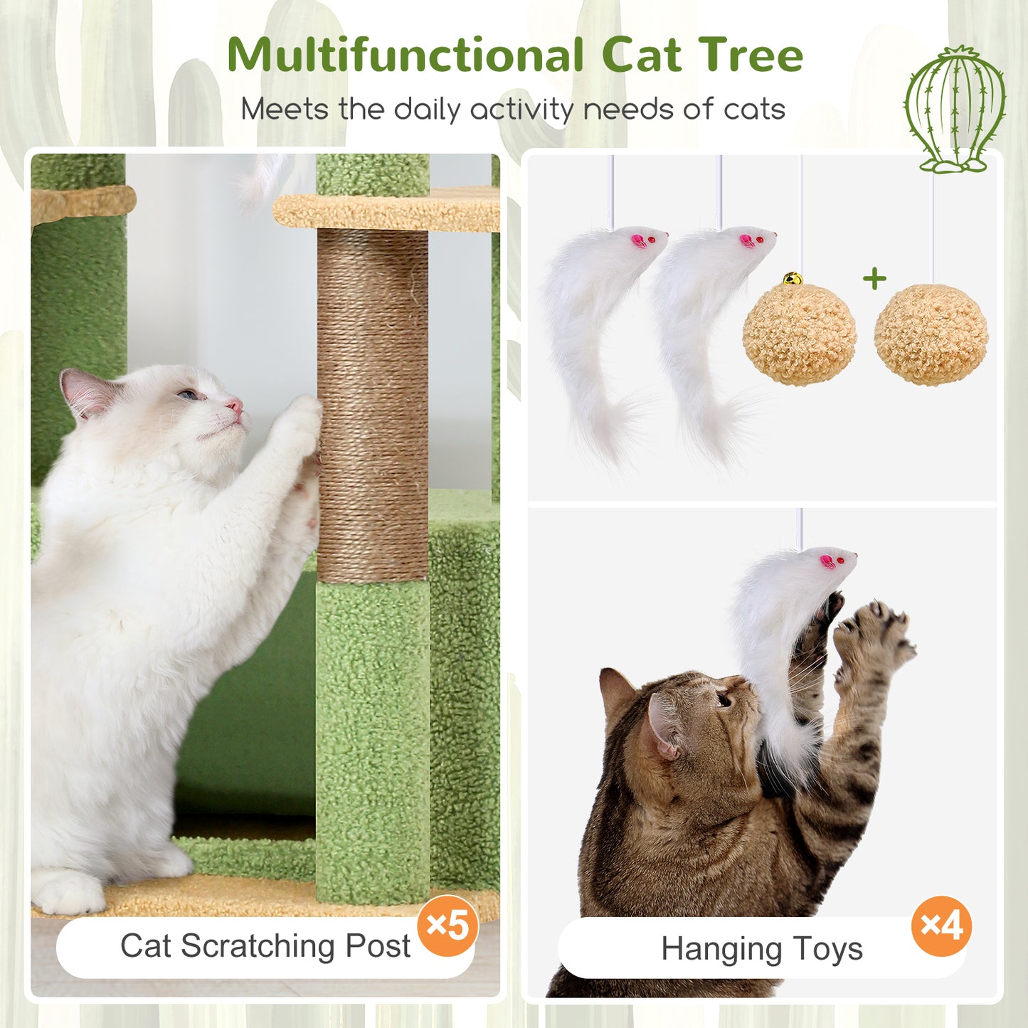 Globlazer Large Cat Tree 80 inch Multi-Level Cactus Climbing Tower Kitty Condos Cat Scratching Tower for Indoor Multiple Adult Cats with Large Platform, 3 Cat Caves, 3 Hanging Baskets, F80F, Green