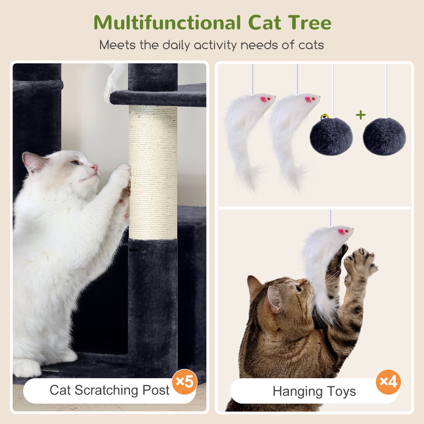 Globlazer Large Cat Tree 80 inch Multi-Level Tall Climbing Tower Kitty Condos Cat Scratching Tower for Indoor Multiple Adult Cats with Large Platform, 3 Cat Caves, 3 Hanging Baskets, F80F, Dark Grey