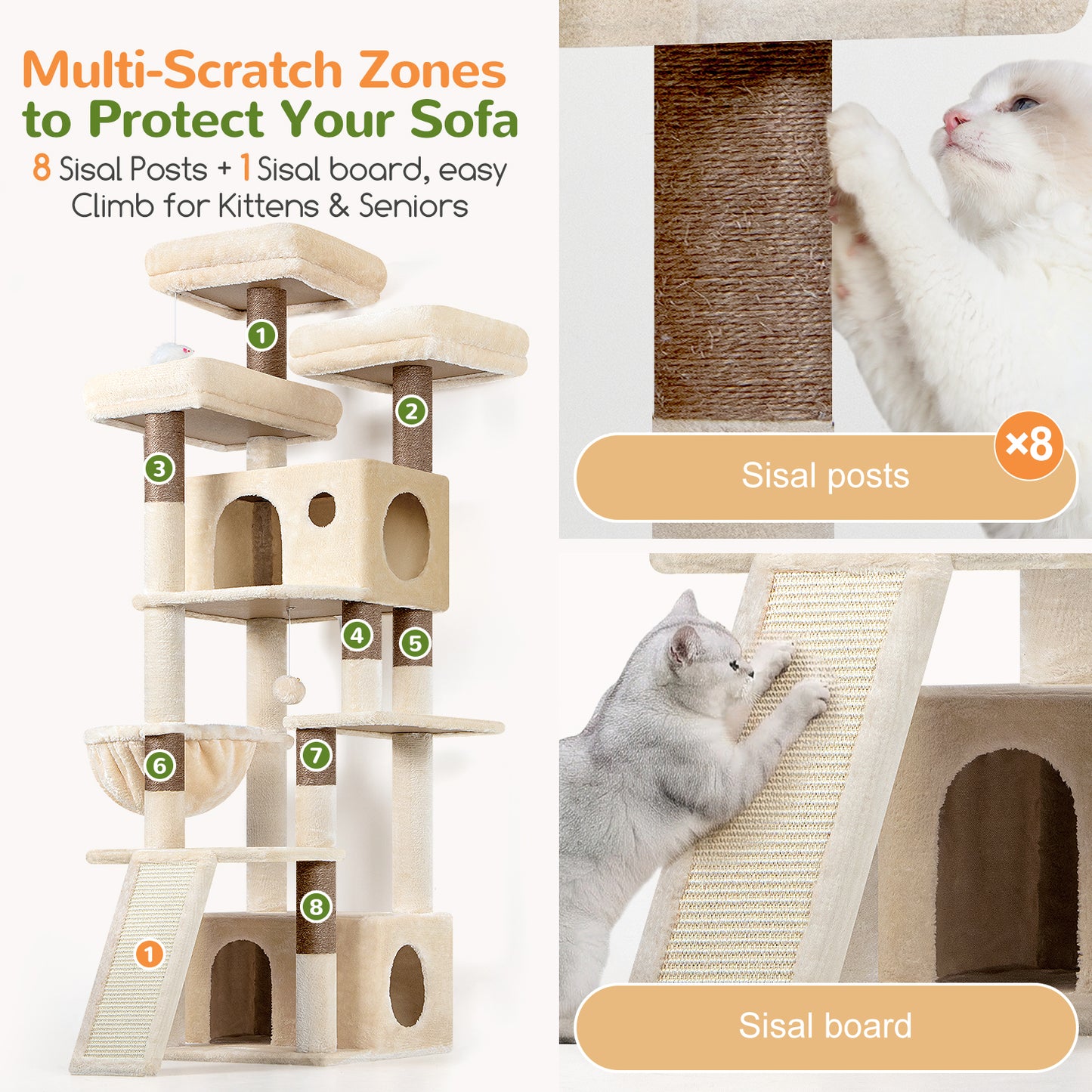 Globlazer Heavy Duty Cat Tree, 73inch Sturdy Cat Tower with Scratching Post for Indoor multiple Cats, Maine Coon Cat Tree with 3 Cat Perch, Basket, 2 Cat Condo for Adult Cats Kittens, F73C, Beige