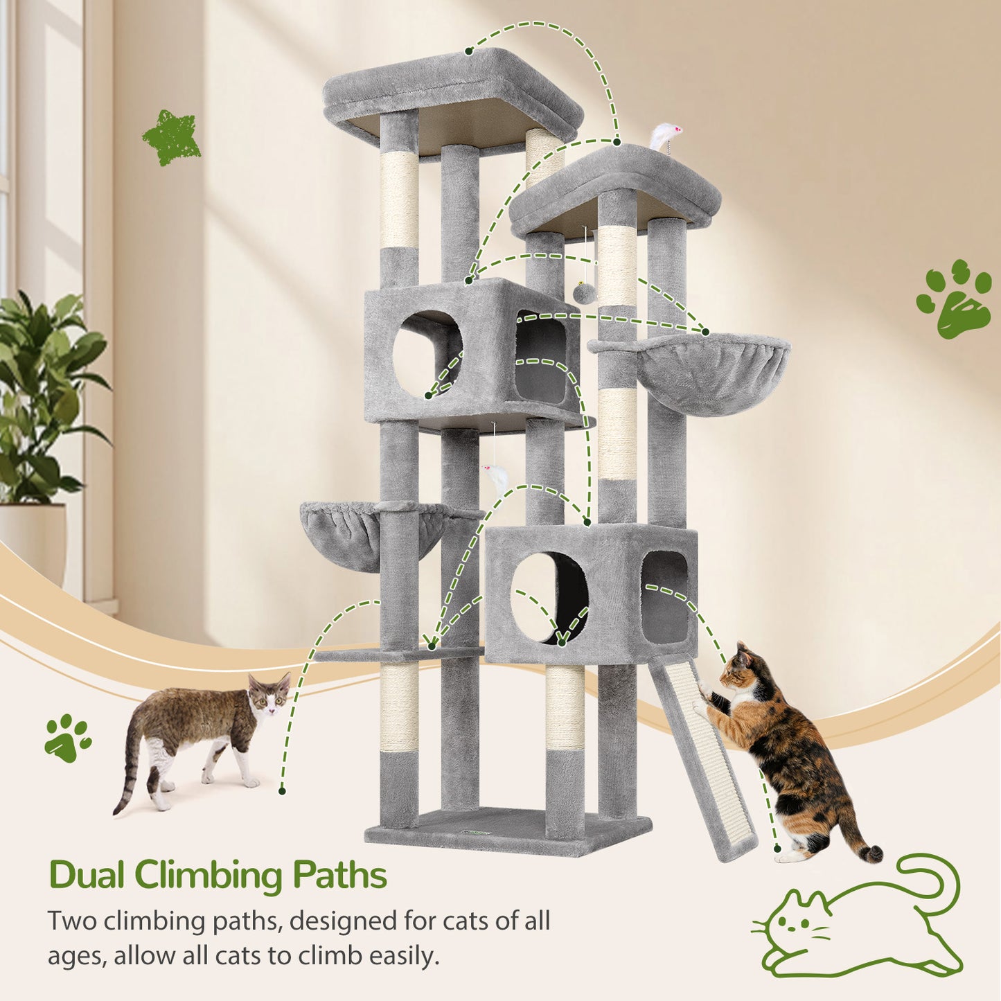 Globlazer 72" Heavy Duty Cat Tree for Large Adult Cats, Multi-Level Cat Tower with 2 Cat Condo, 2 Perchs, 6 Scratching Posts, Sisal Scratching Board, Multiple Cats, Resting Play, S72E, Light Grey