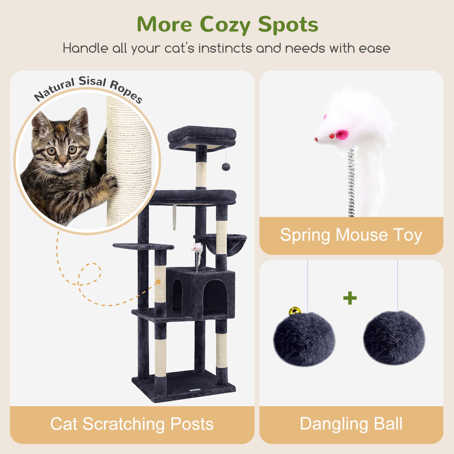 Globlazer Sturdy Cat Tree, 68-inch Large Cat Tower for Indoor Adult Cats 20 lbs Heavy Duty Cat Tree for Big Cats with Extra Large Platform, 5 Scratching Post, S68, Dark Grey