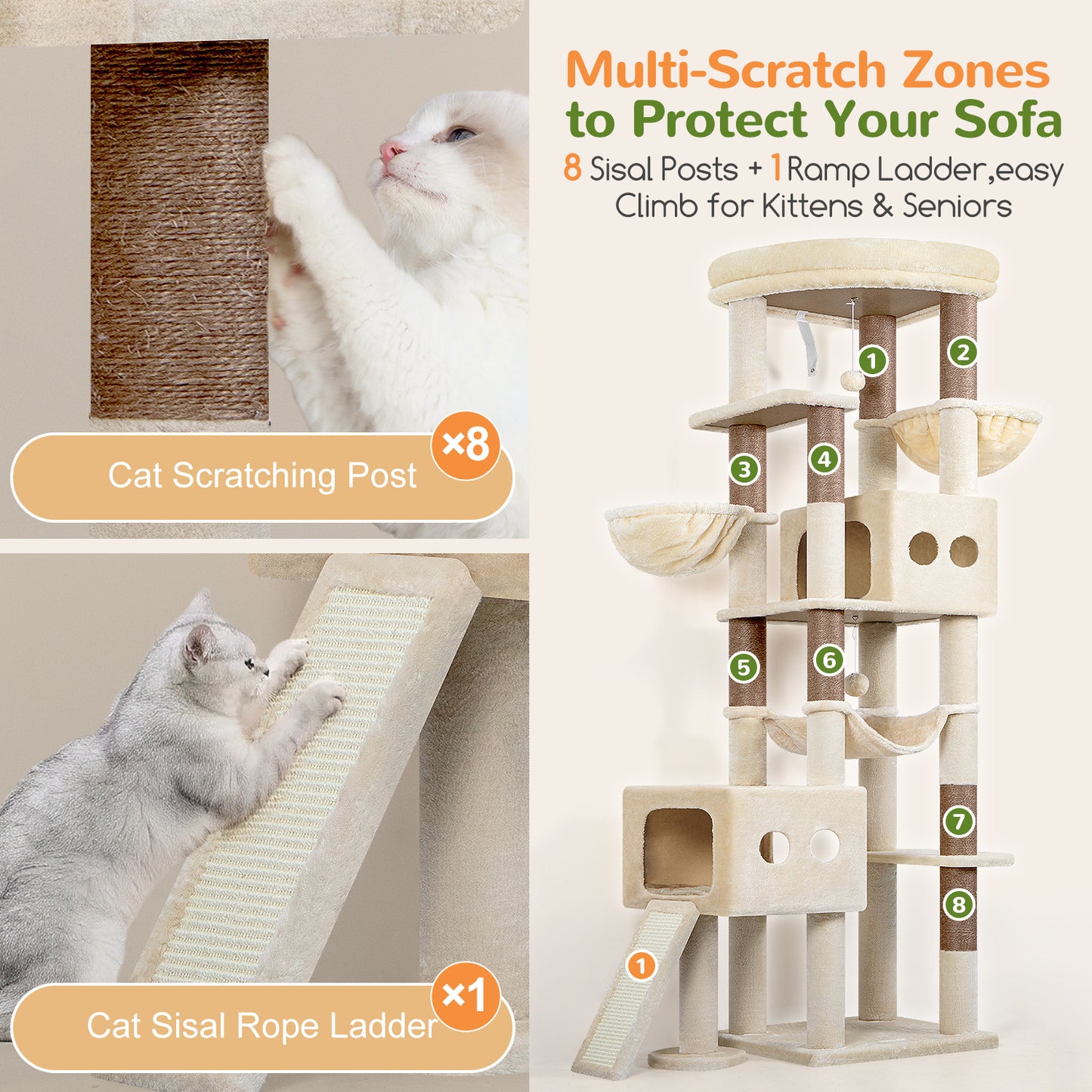 Globlazer Cat Tower for Large Cats, 81 inch Cat Tree for Indoor Cats Large Adult, Tall Cat Tower with 2 Condos, 2 Baskets, Hammock, Large Perch, 8 Sisal Posts, Scratching Board, S81G, Beige
