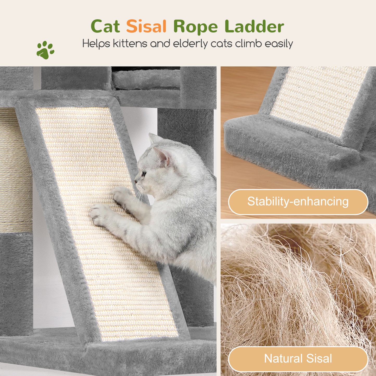 Globlazer Large Cat Tree, 72 inch Tall Cat Climbing Tower for Indoor Large Adult Cats Multi-Level Furniture Tree House with 2 Cozy Perches, 2 Padded Condos, 5 Sisal Scratching Posts, F72G, Light Grey