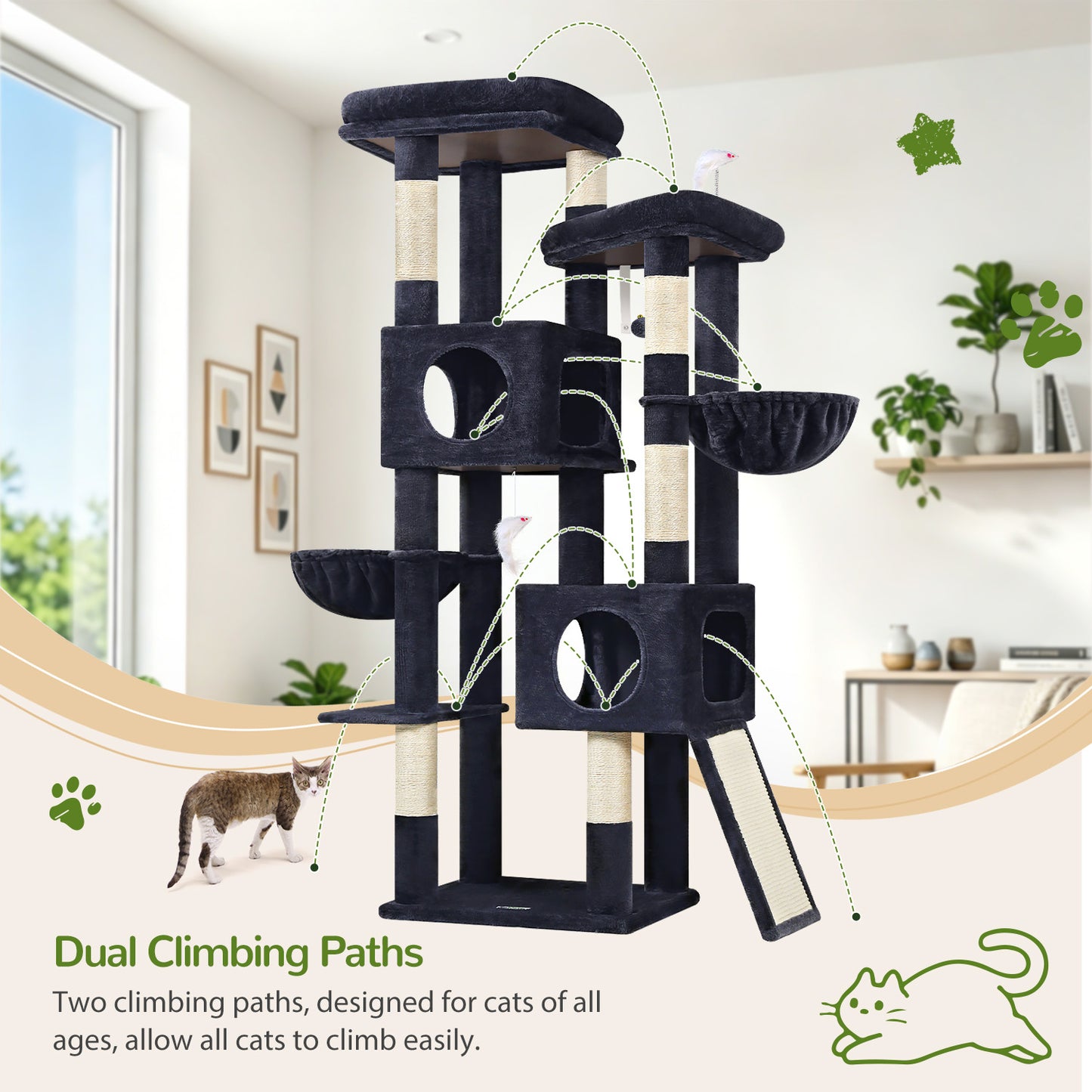 Globlazer 72" Heavy Duty Cat Tree for Large Adult Cats, Multi-Level Cat Tower with 2 Cat Condo, 2 Perchs, 6 Sisal Scratching Posts, Sisal Scratching Board, Multiple Cats, Resting Play, S72E, Dark Grey
