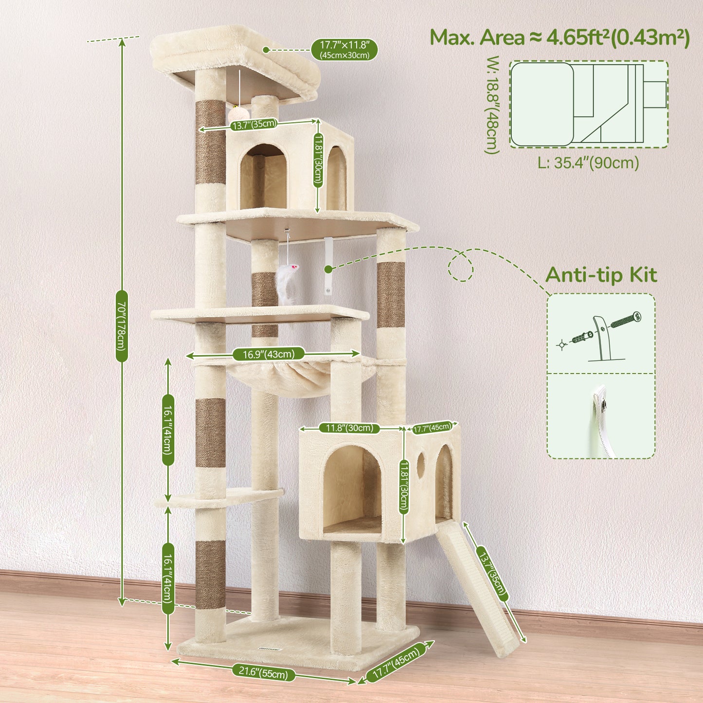 Globlazer Heavy Duty Cat Tree, 70 inch Sturdy Cat Tree for Indoor Cats Extra Large Cat Tower with Scratching Post, Hammock, Cat Condo for Adult Cats Kittens, F70 Pro, Beige