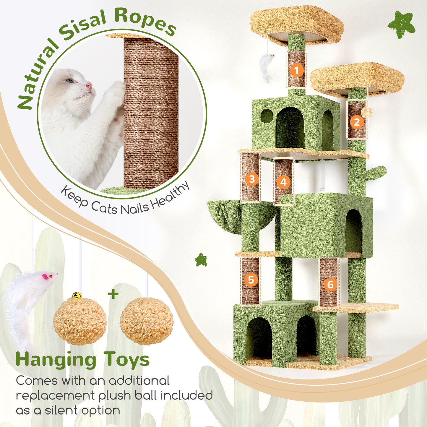Globlazer Cactus Cat Tree Tall, 71 inches Cat Tower for Indoor Adult Cats Multi-Level 3 Condos for Indoor Cats XL Cat Tree Tower with Scratching Posts, Soft Extra Large Hanging Basket, F71, Green