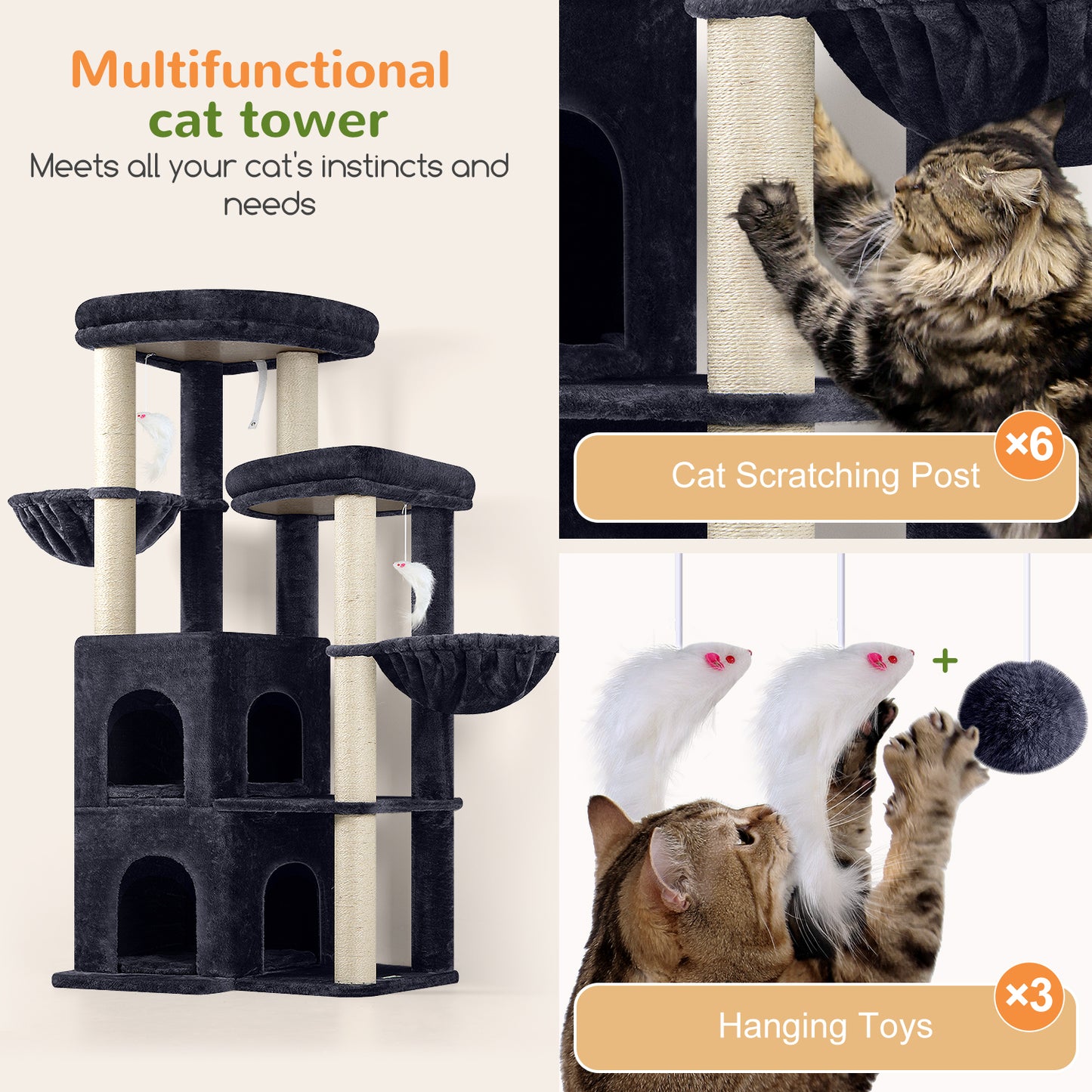 Globlazer Cat Tree Tower for Indoor Cats, 63 inch Sturdy Adult Cat Tree House for Large Adult Cats with 2 Platform, 6 Cat Scratching Post, 2 Cat Caves, Dangling Toys, S63, Dark Grey