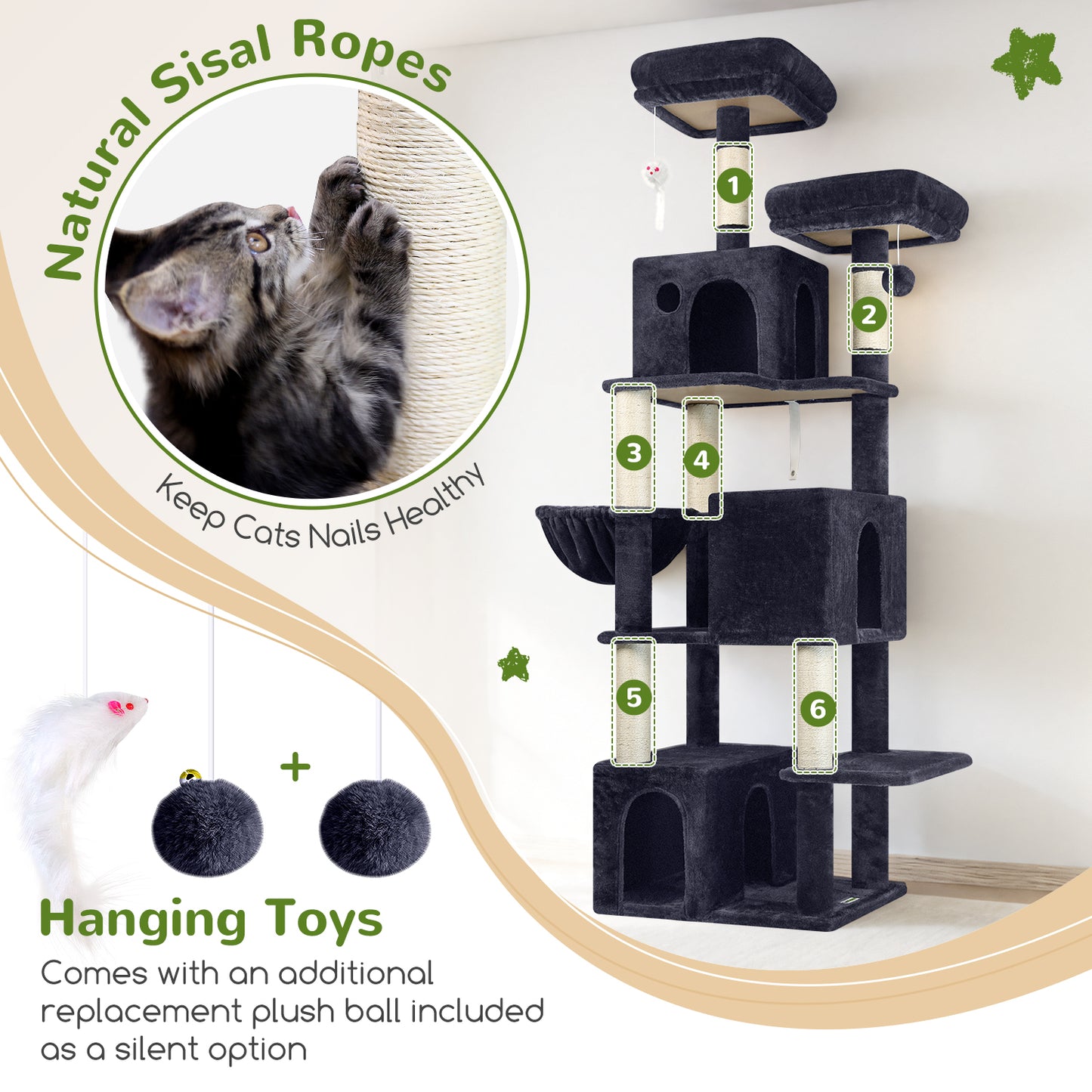 Globlazer Cat Tree Tall, 71 inches Cat Tower for Indoor Adult Cats Multi-Level 3 Condos for Indoor Cats XL Cat Tree Tower with Scratching Posts, Soft Extra Large Hanging Basket, F71, Dark Gray