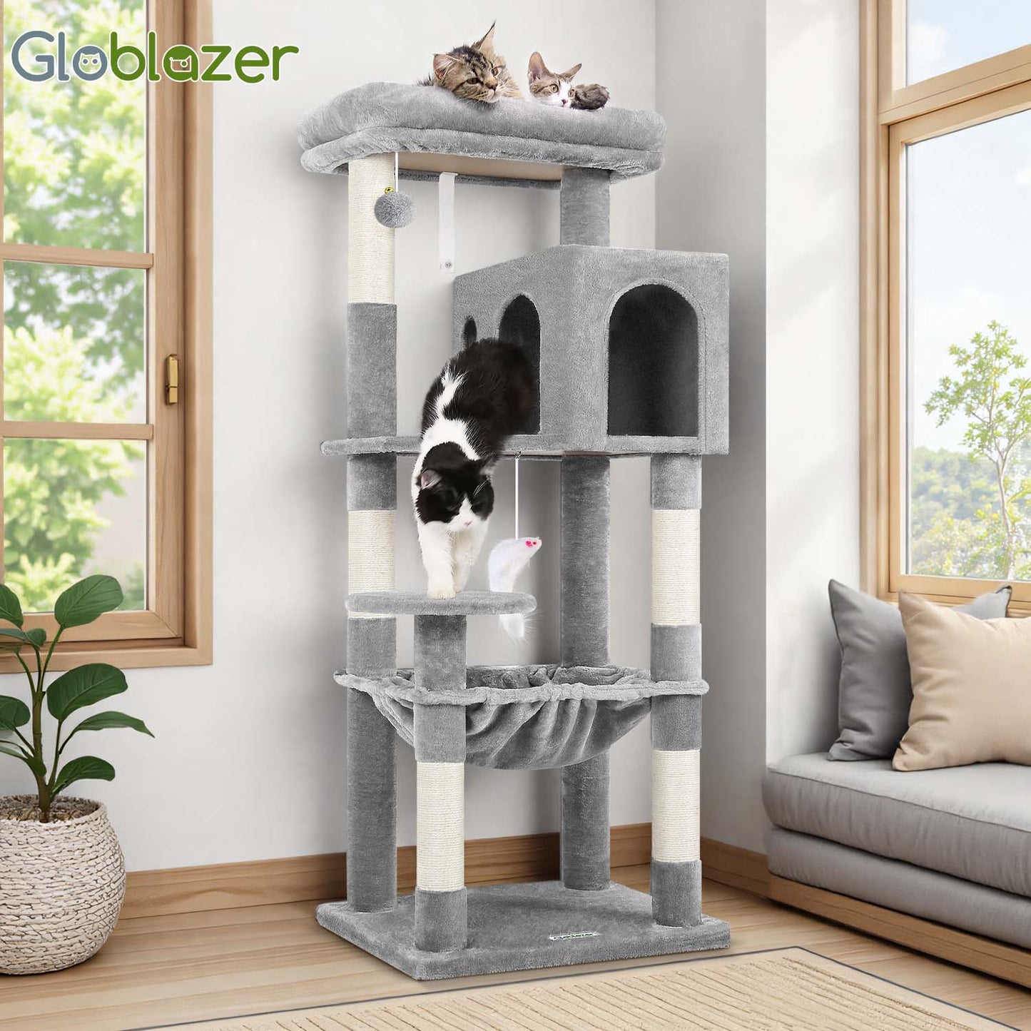 Globlazer Cat Tree Tower with 5 Scratching Post for Indoor Cats, 53inch Tall Plush Multi-Level Cat Climbing Tower Condo House with Large Hammock, Spacious Cat Cave, Padded Top Perch, F53, Light Gray