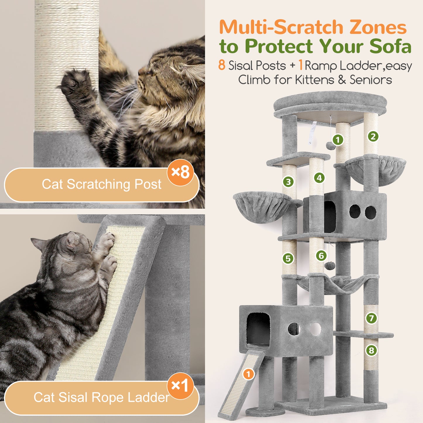 Globlazer Cat Tower for Large Cats, 81 inch Cat Tree for Indoor Cats Large Adult, Tall Cat Tower with 2 Condos, 2 Baskets, Hammock, Large Perch, 8 Sisal Posts, Scratching Board, S81G, Light Grey